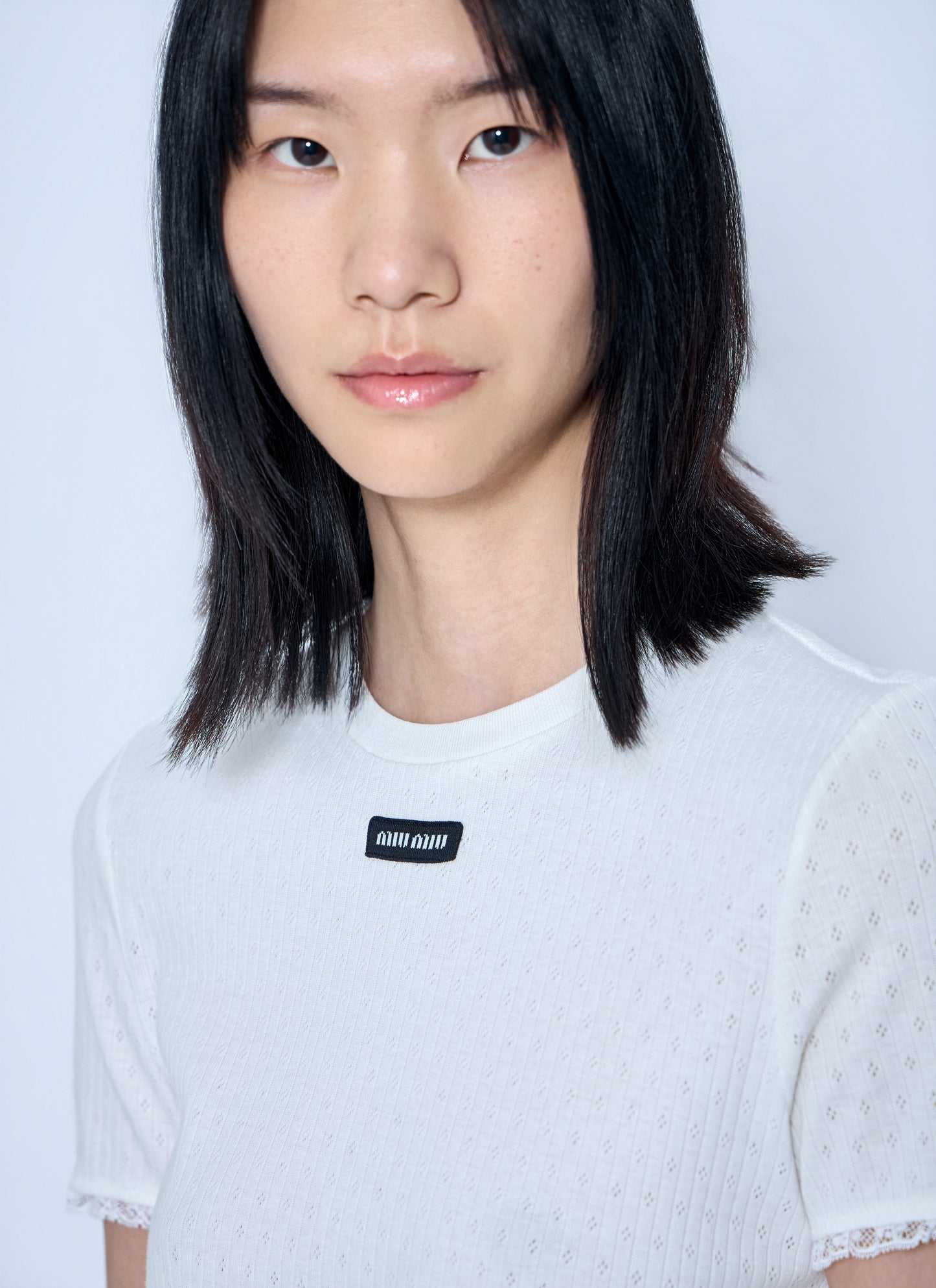 Miu Miu Women Lace-Trim Logo-Patch T-Shirt MIU MIU