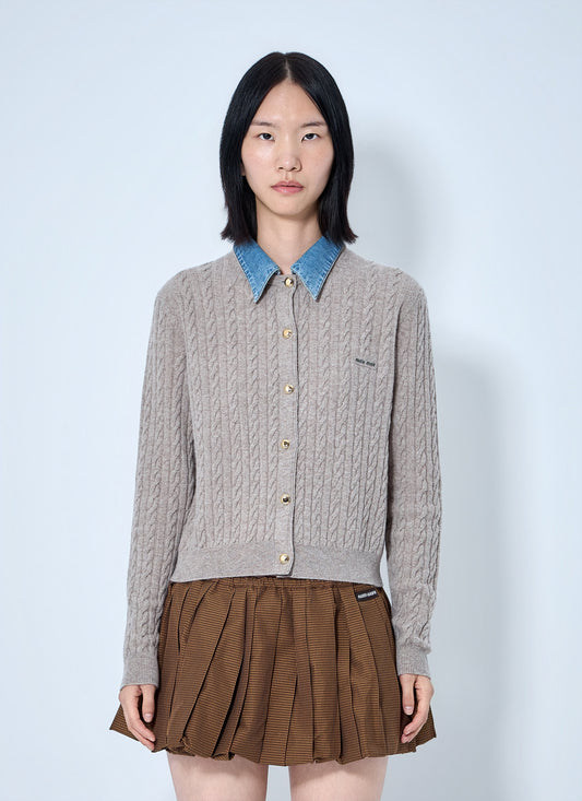 Miu Miu Women Cable Knit Cardigan With Denim Collar