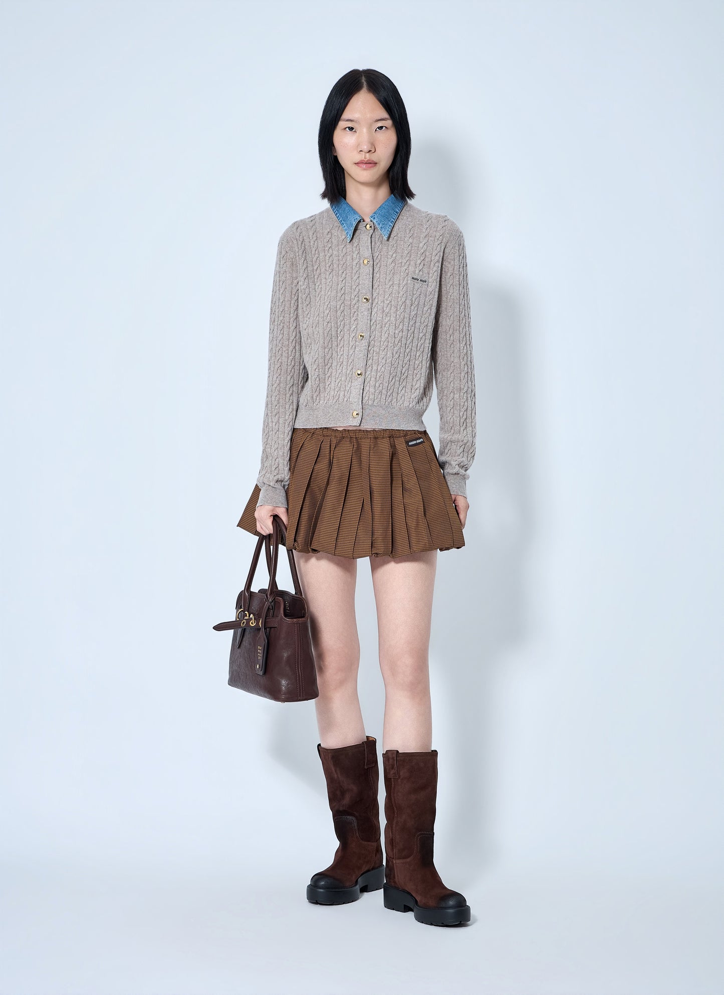 Miu Miu Women Cable Knit Cardigan With Denim Collar