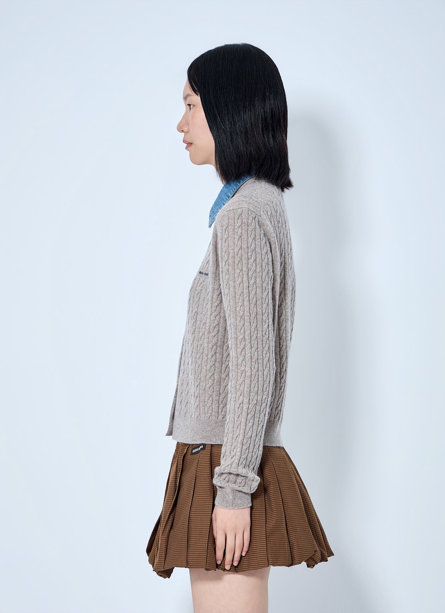Miu Miu Women Cable Knit Cardigan With Denim Collar