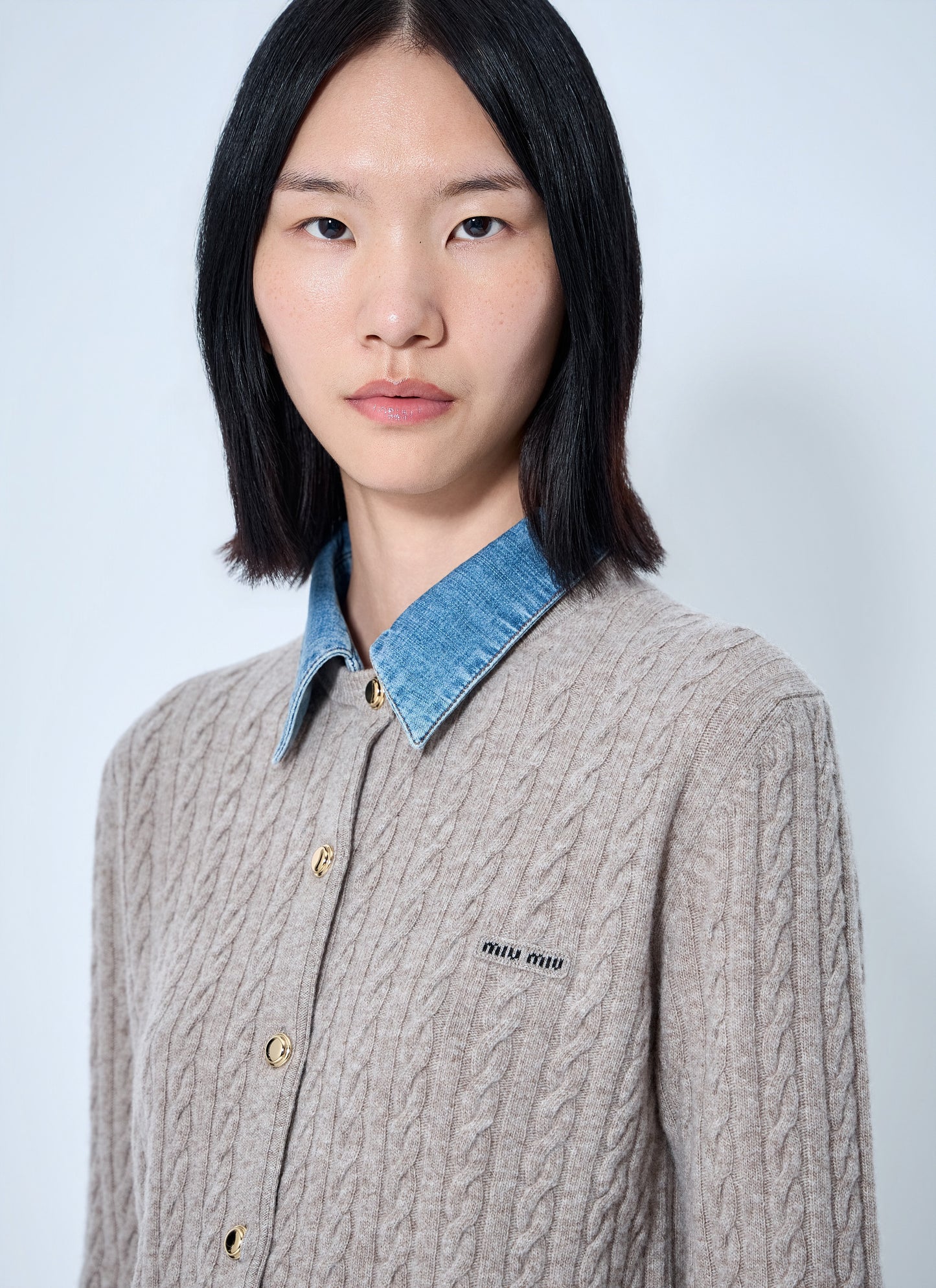 Miu Miu Women Cable Knit Cardigan With Denim Collar