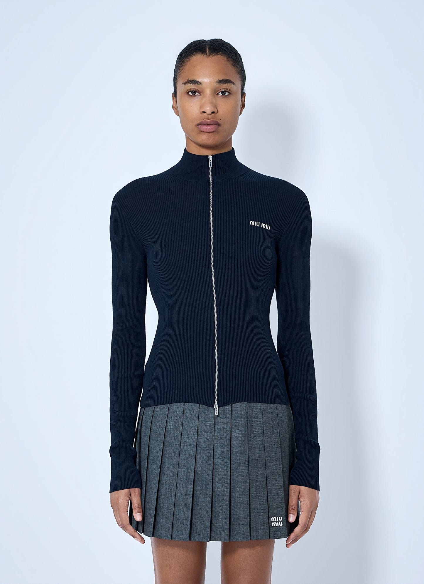 Miu Miu Women Ribbed-Knit Logo-Embroidered Cardigan MIU MIU