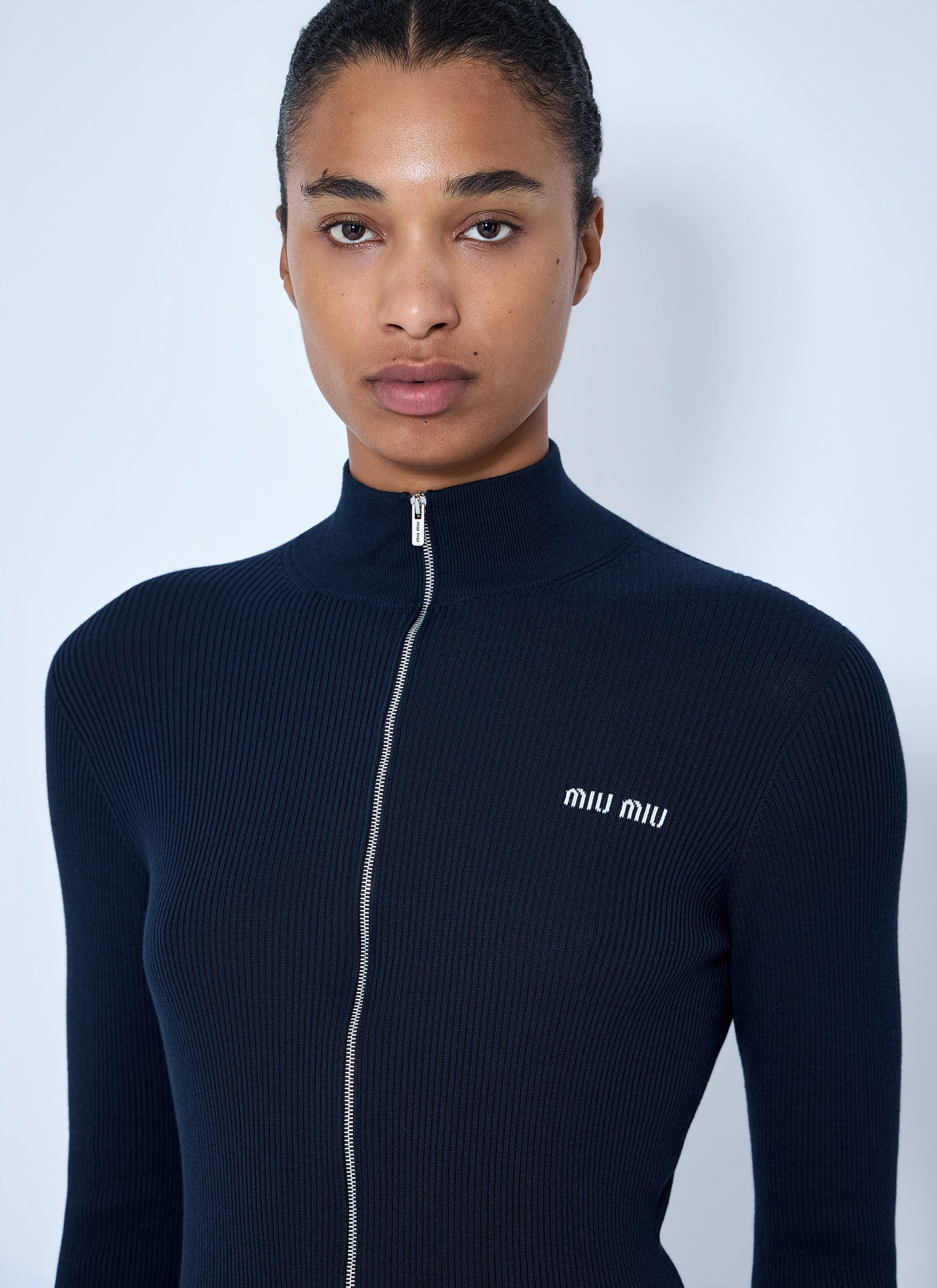 Miu Miu Women Ribbed-Knit Logo-Embroidered Cardigan MIU MIU