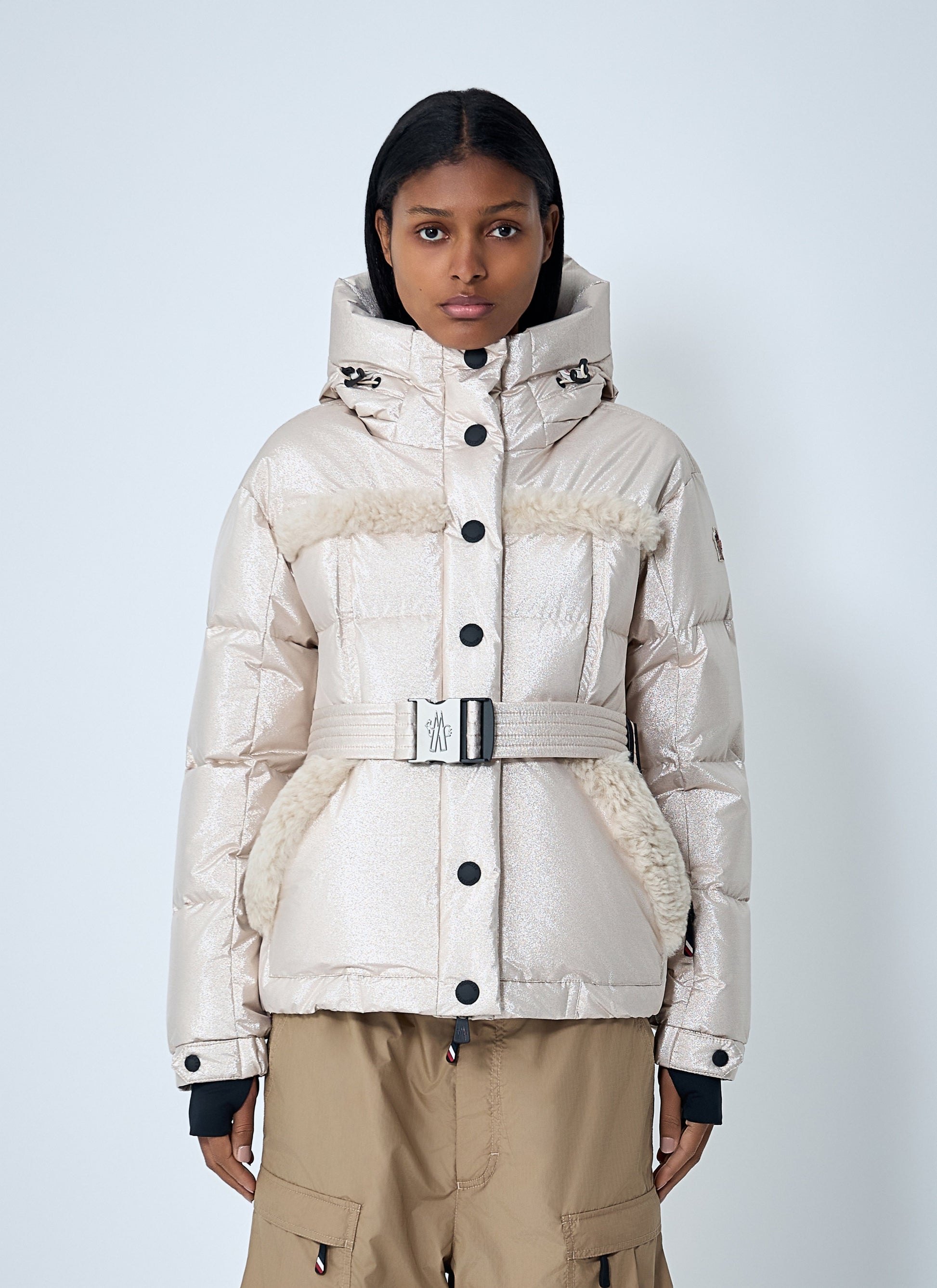Moncler Grenoble Women Belted Down Jacket With Faux Fur Trim MONCLER GRENOBLE