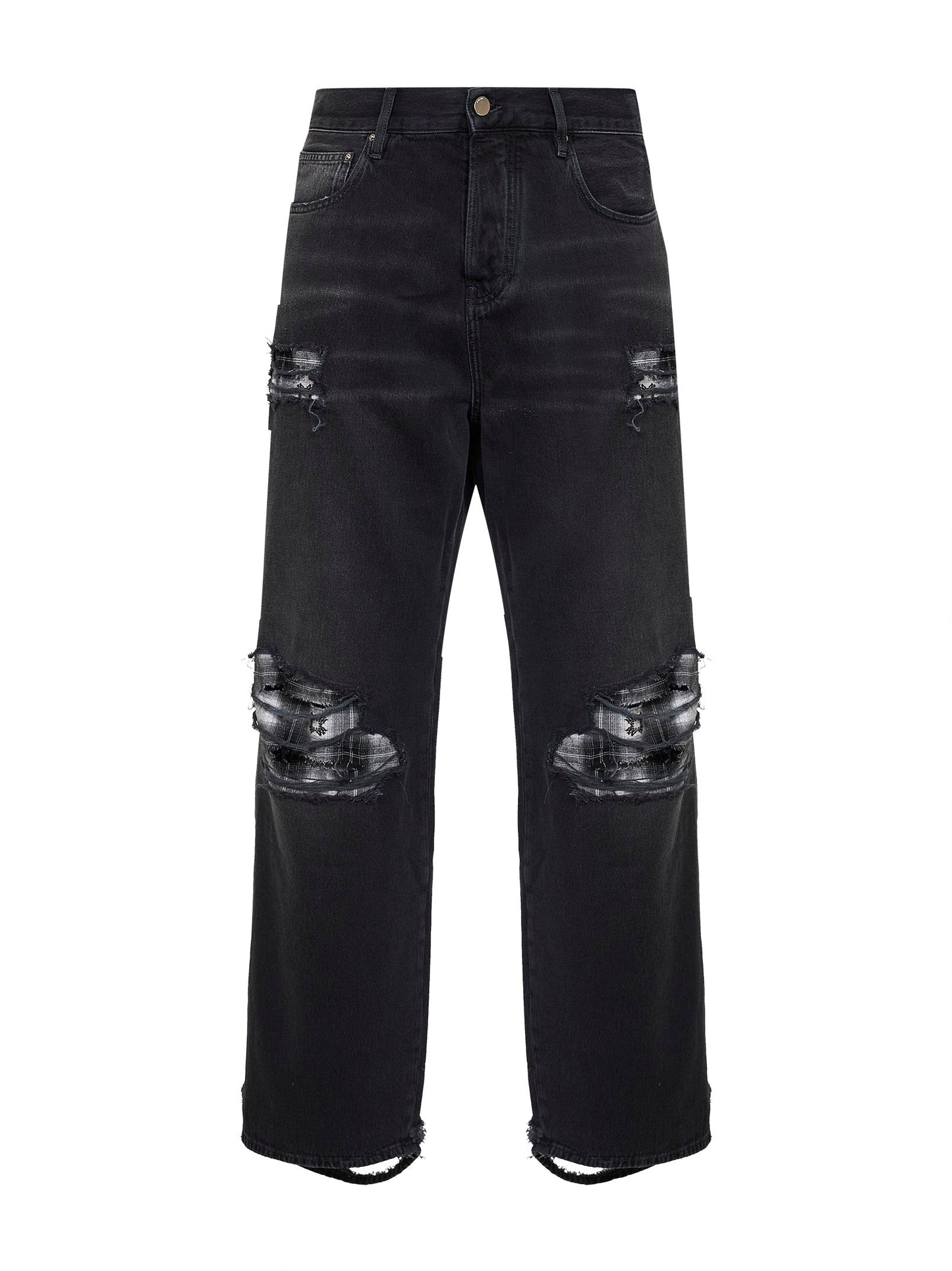 Amiri Men Black Denim Flannel Repair Baggy Jeans AMIRI
