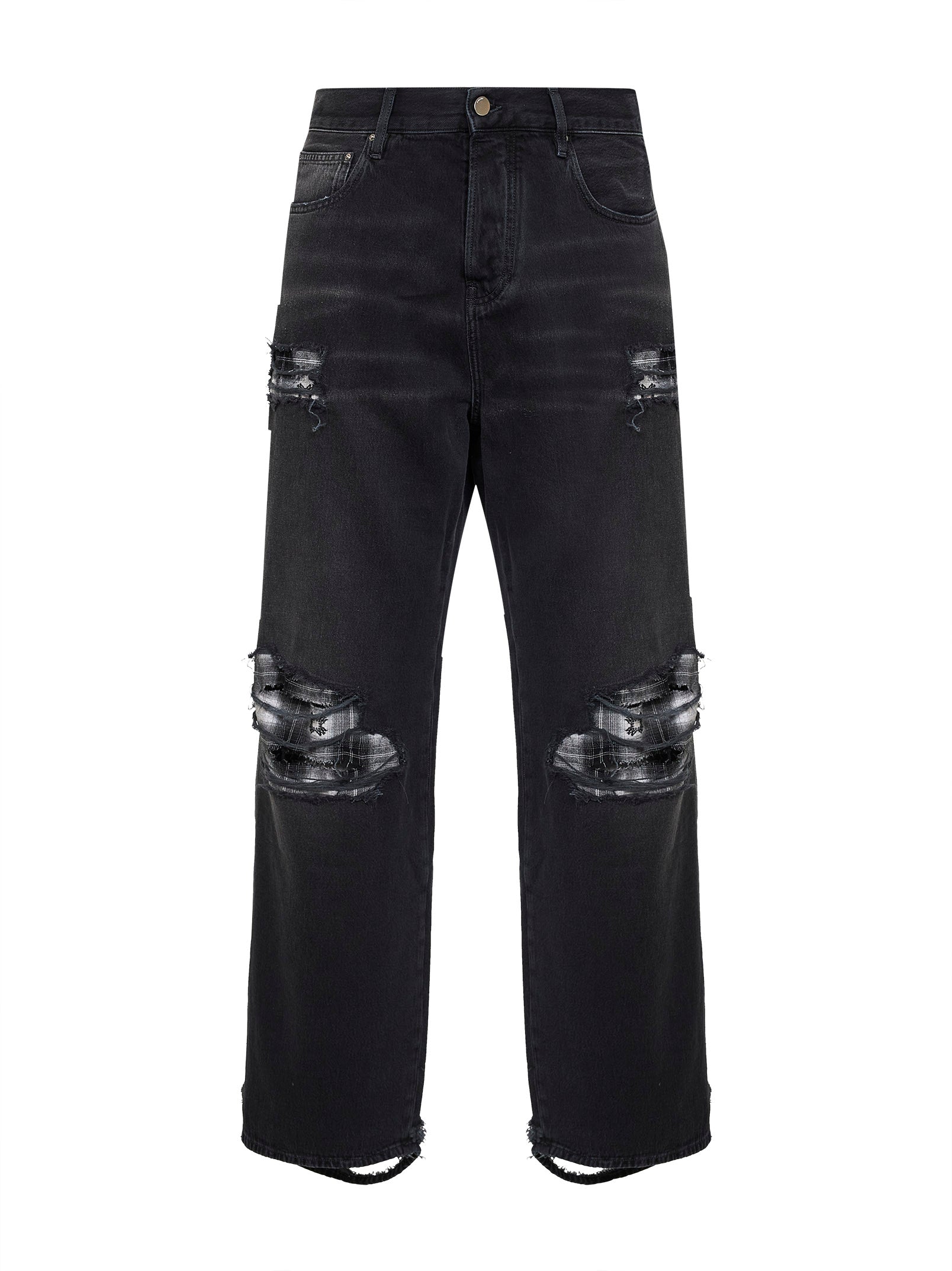 Amiri Men Black Denim Flannel Repair Baggy Jeans AMIRI