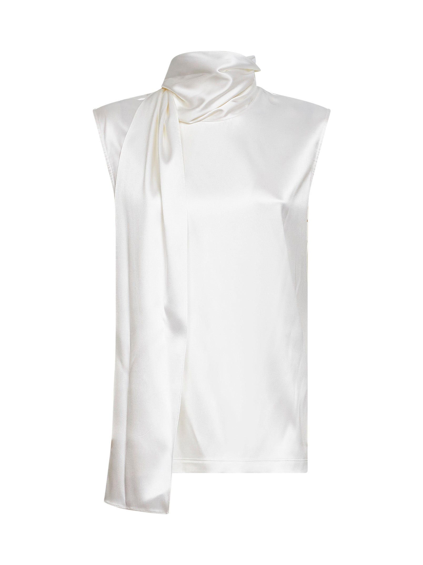 Bottega Veneta Women White Stretch Silk Satin Top With Integrated Scarf Detail BOTTEGA VENETA