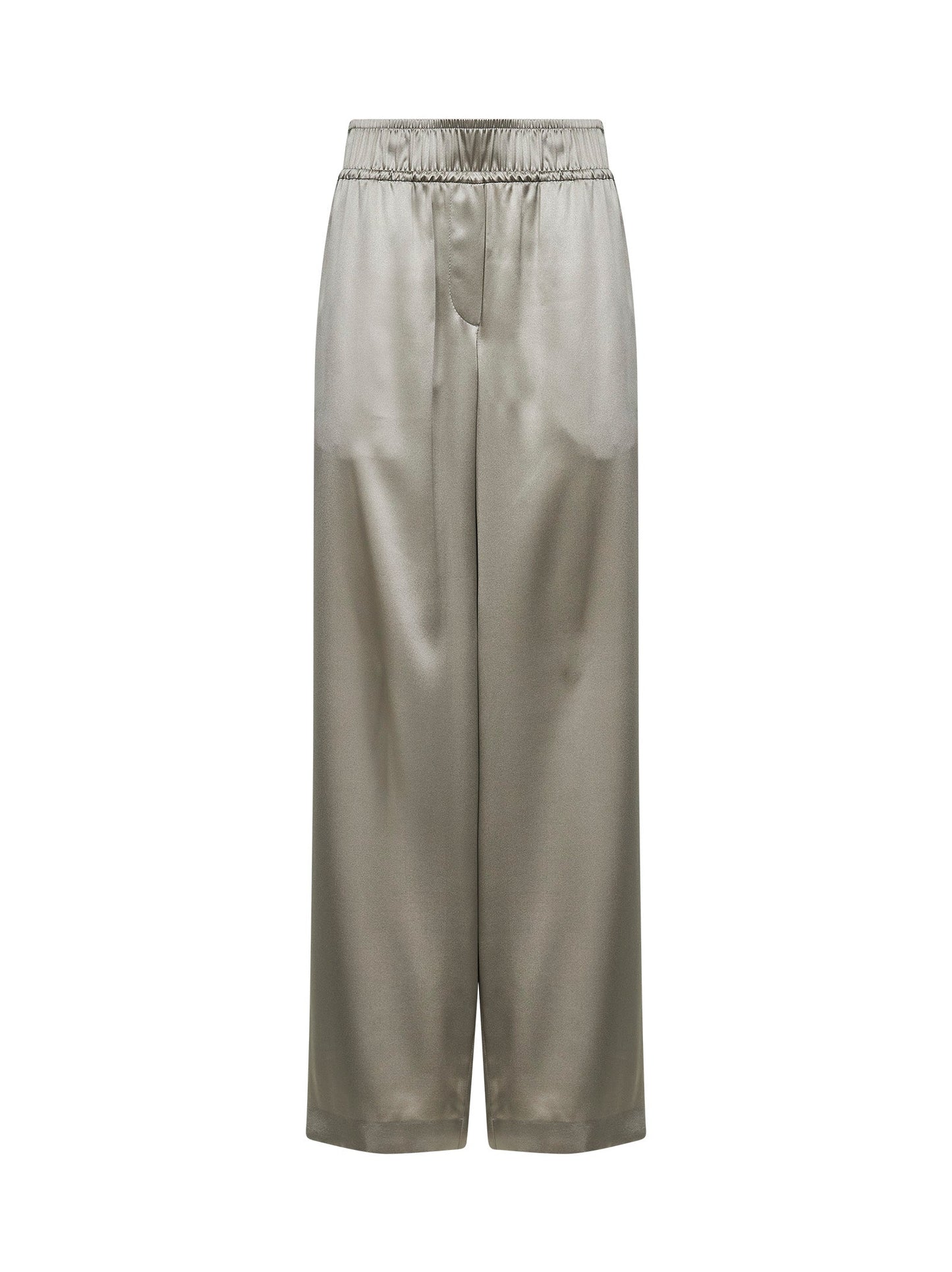 Brunello Cucinelli Women Olive Green Stretch Silk Satin Track Trousers BRUNELLO CUCINELLI