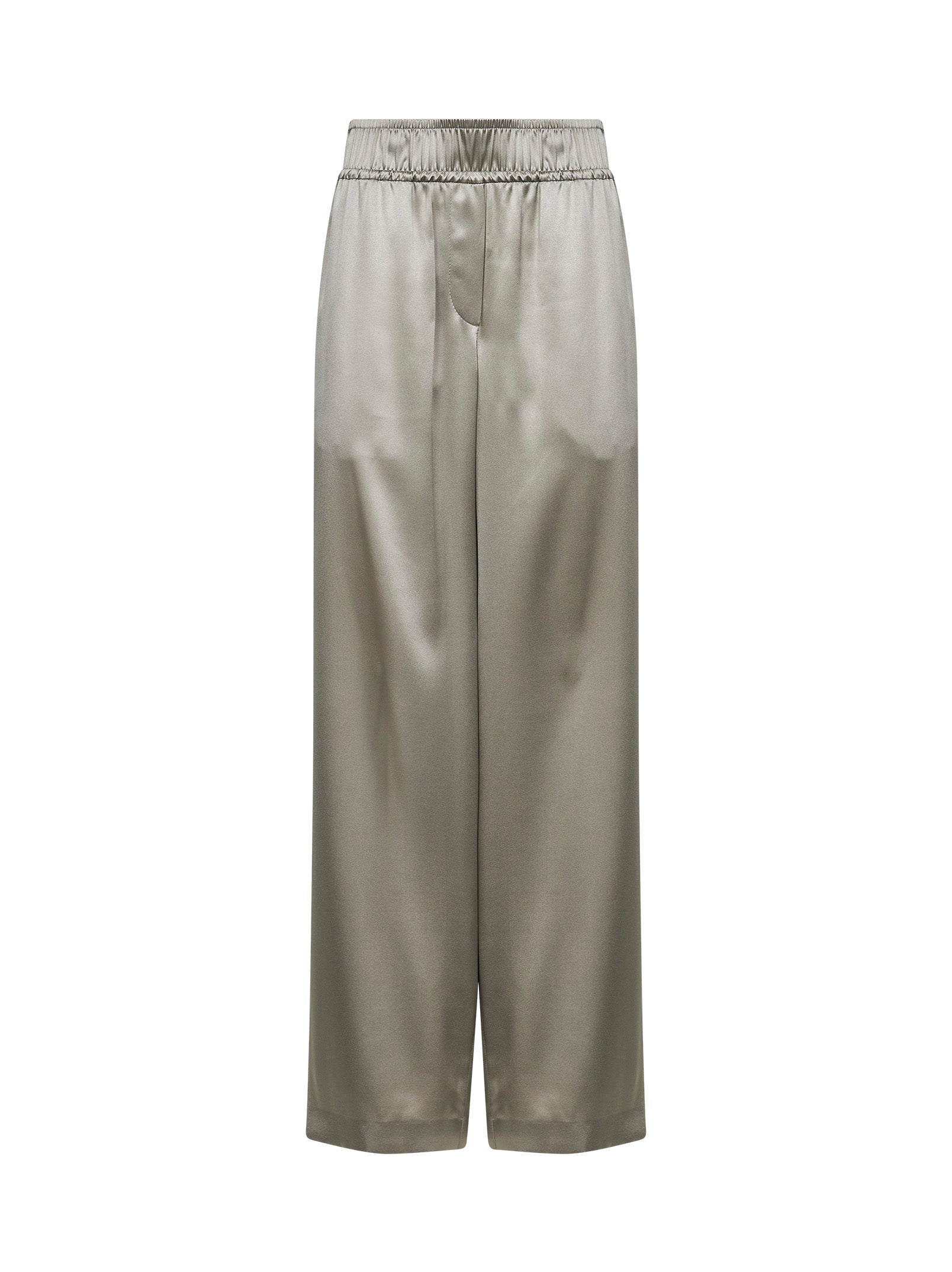 Brunello Cucinelli Women Olive Green Stretch Silk Satin Track Trousers BRUNELLO CUCINELLI