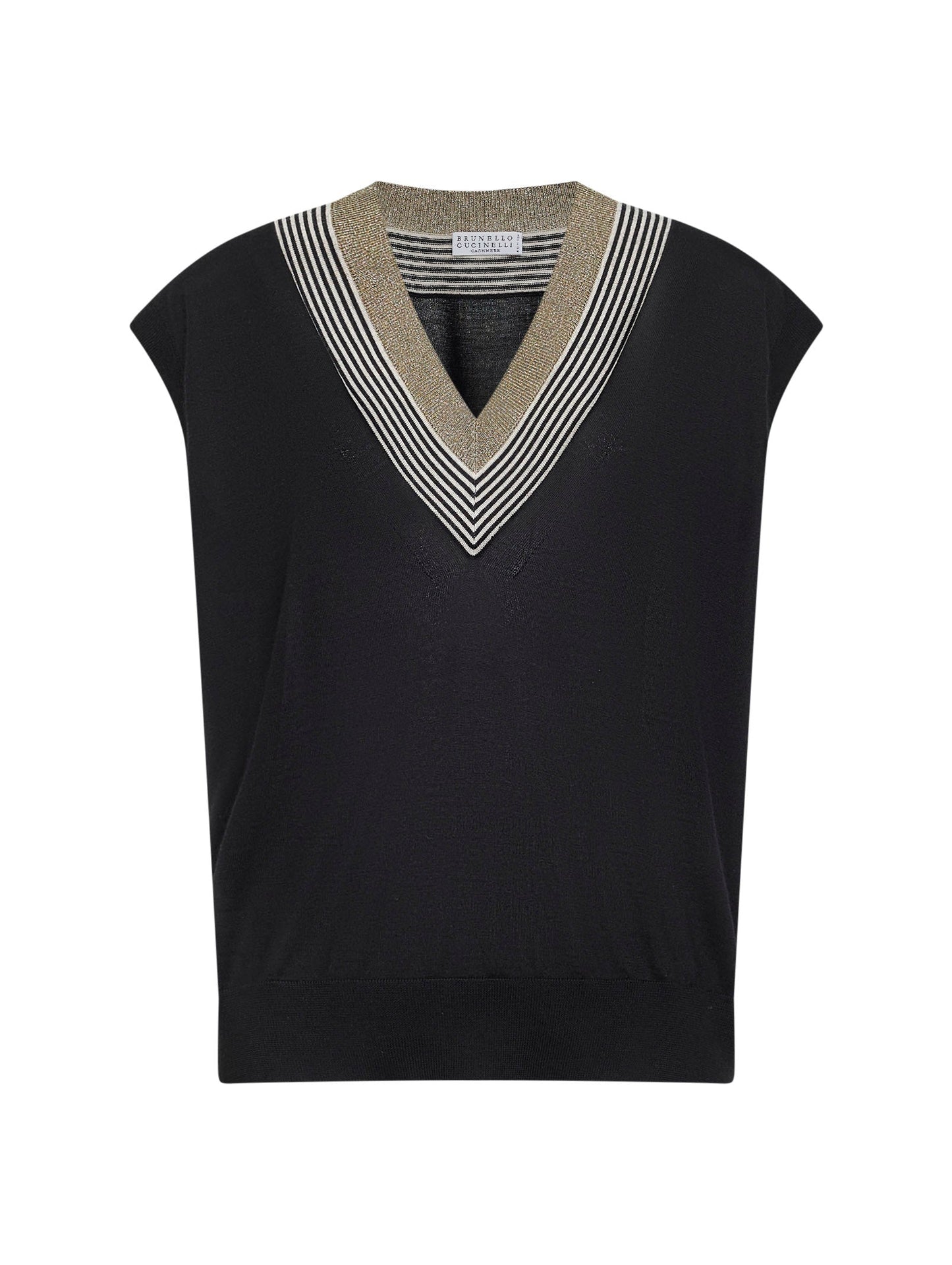 Brunello Cucinelli Women Black Lightweight Knit Vest With Sparkling Neckline BRUNELLO CUCINELLI