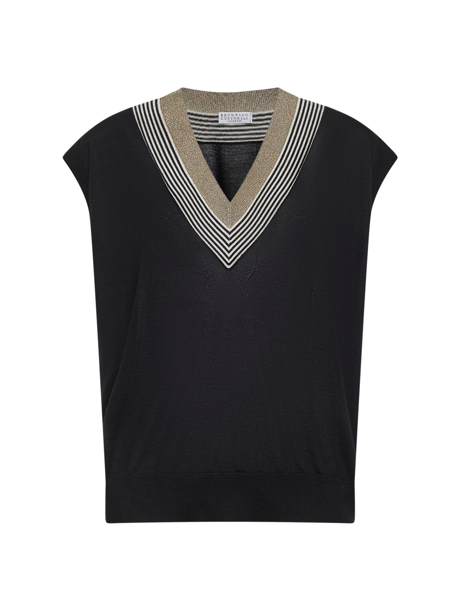 Brunello Cucinelli Women Black Lightweight Knit Vest With Sparkling Neckline BRUNELLO CUCINELLI