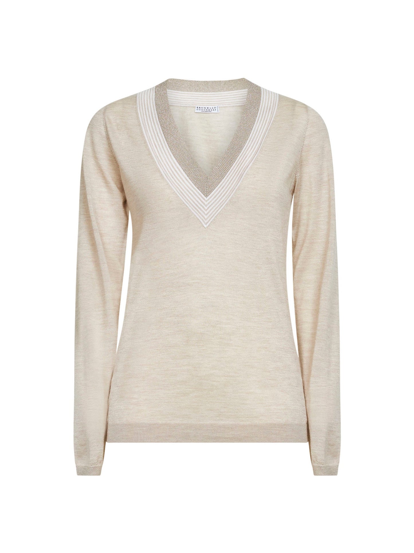 Brunello Cucinelli Women Beige Lightweight Cashmere And Silk Knit Sweater With Sparkling Neckline BRUNELLO CUCINELLI