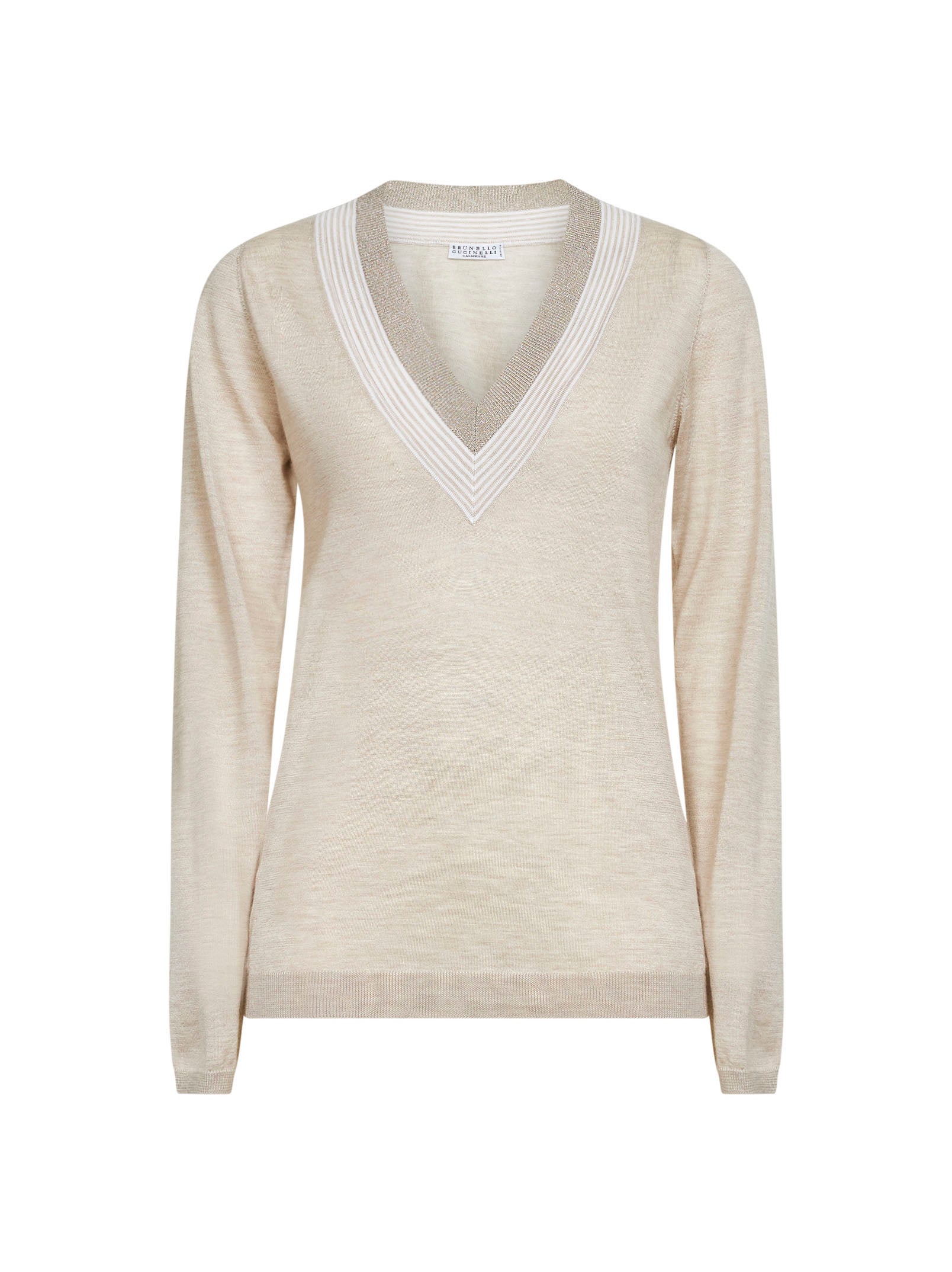 Brunello Cucinelli Women Beige Lightweight Cashmere And Silk Knit Sweater With Sparkling Neckline BRUNELLO CUCINELLI