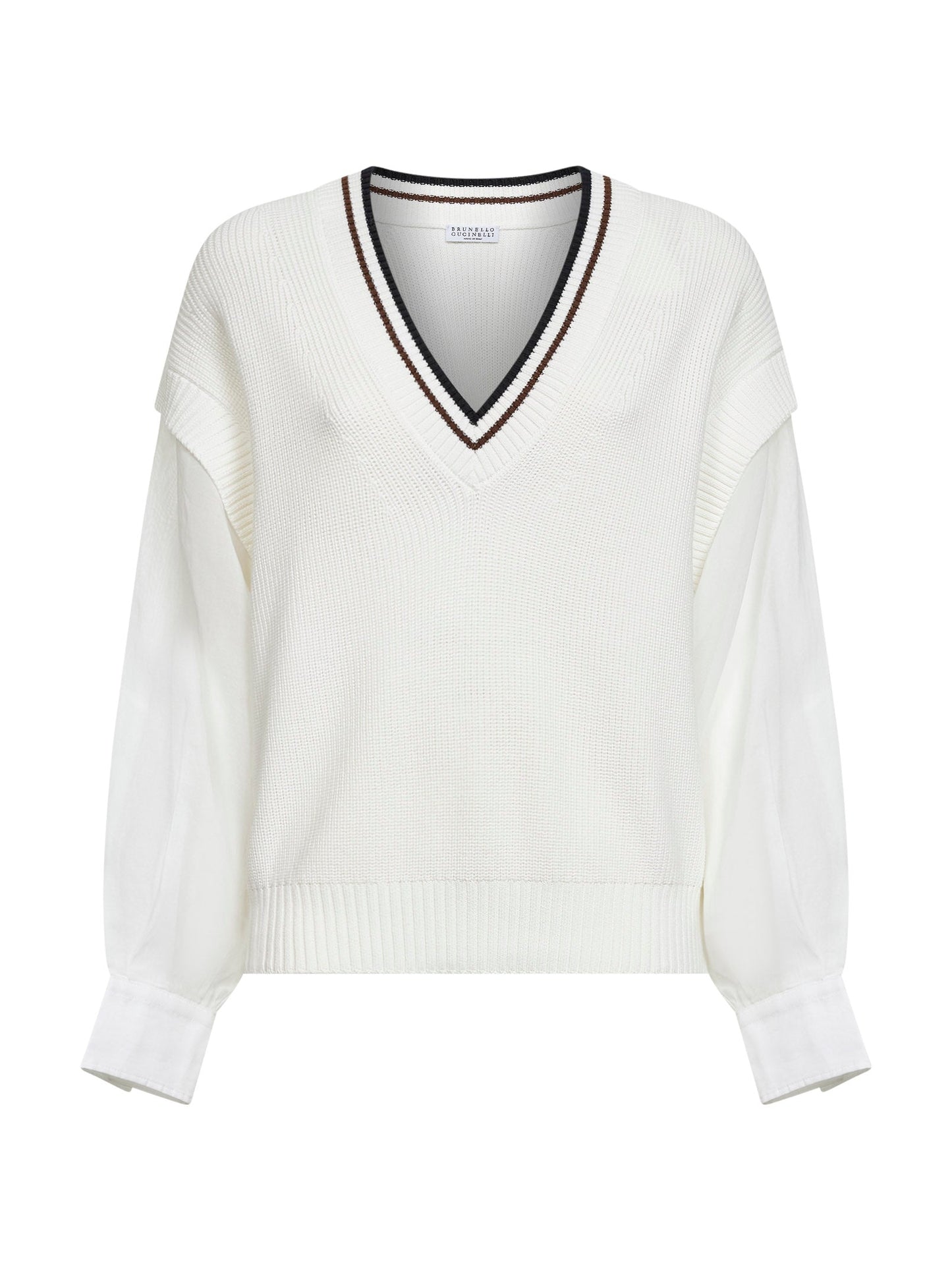 Brunello Cucinelli Women White Ribbed Cotton Knit Sweater With Organza Sleeves BRUNELLO CUCINELLI