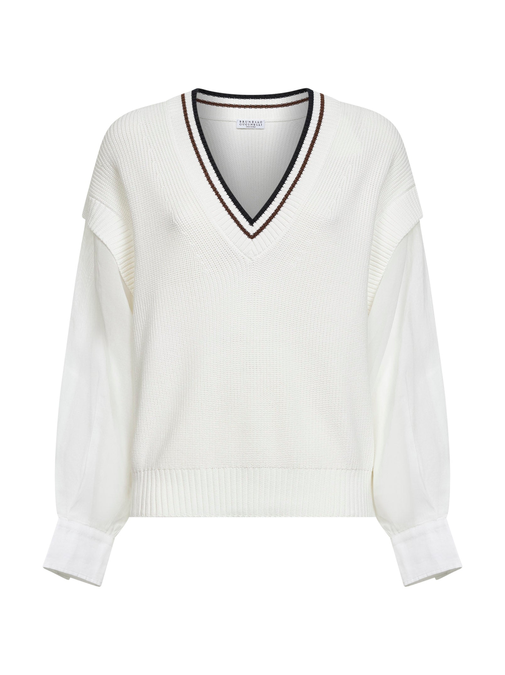 Brunello Cucinelli Women White Ribbed Cotton Knit Sweater With Organza Sleeves BRUNELLO CUCINELLI