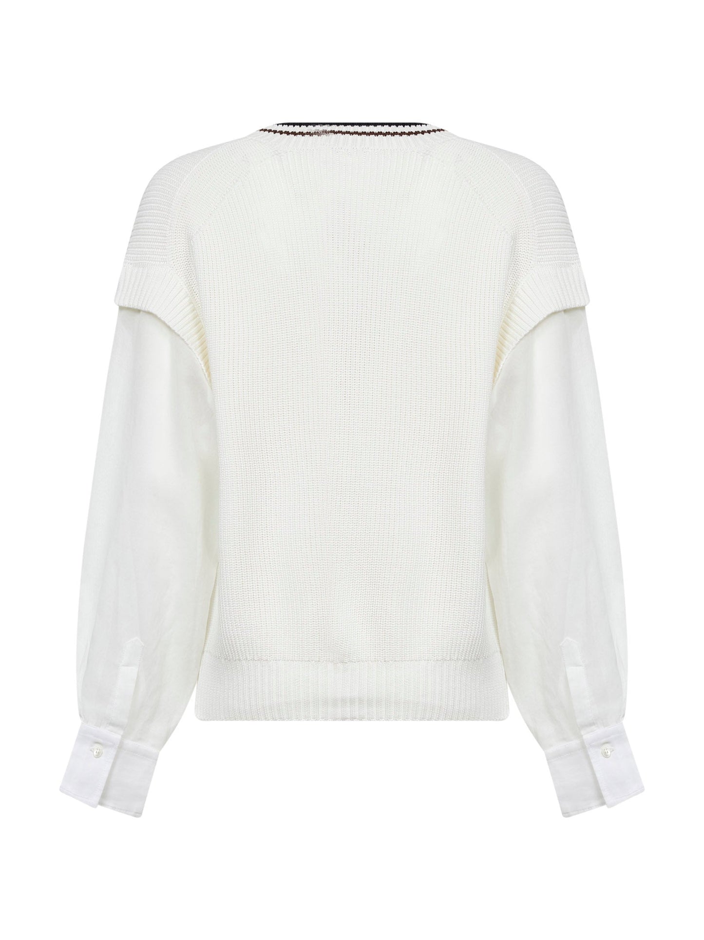 Brunello Cucinelli Women White Ribbed Cotton Knit Sweater With Organza Sleeves BRUNELLO CUCINELLI