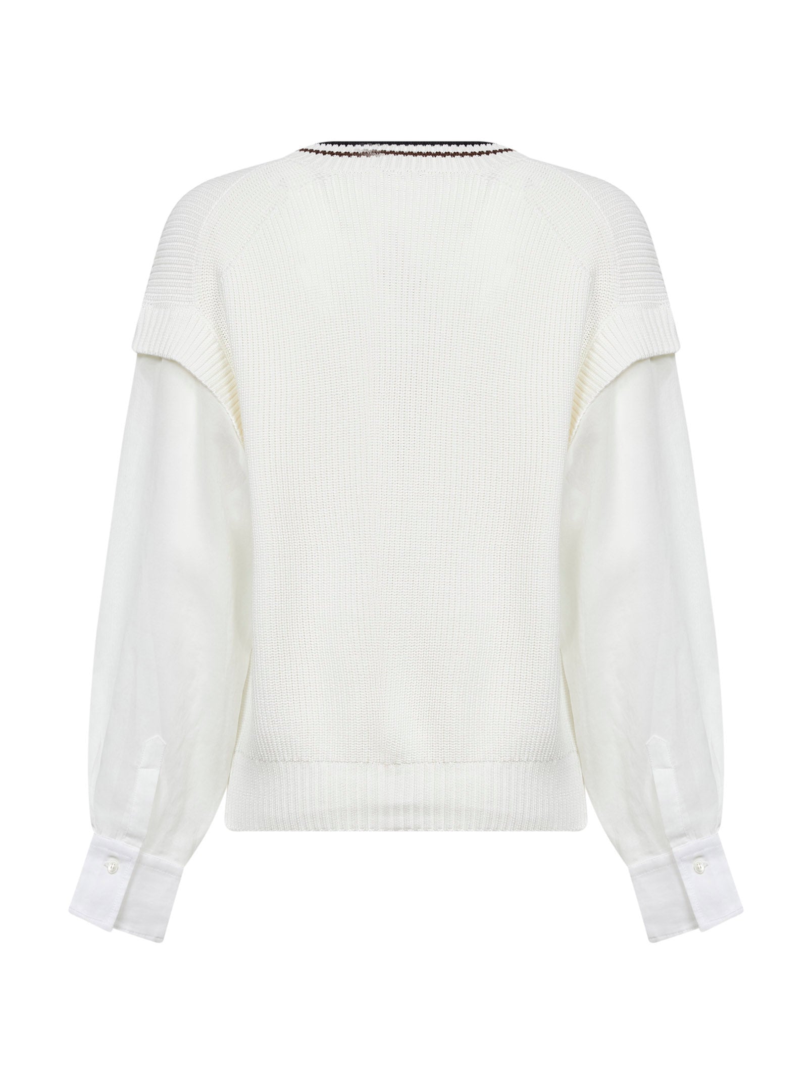 Brunello Cucinelli Women White Ribbed Cotton Knit Sweater With Organza Sleeves BRUNELLO CUCINELLI