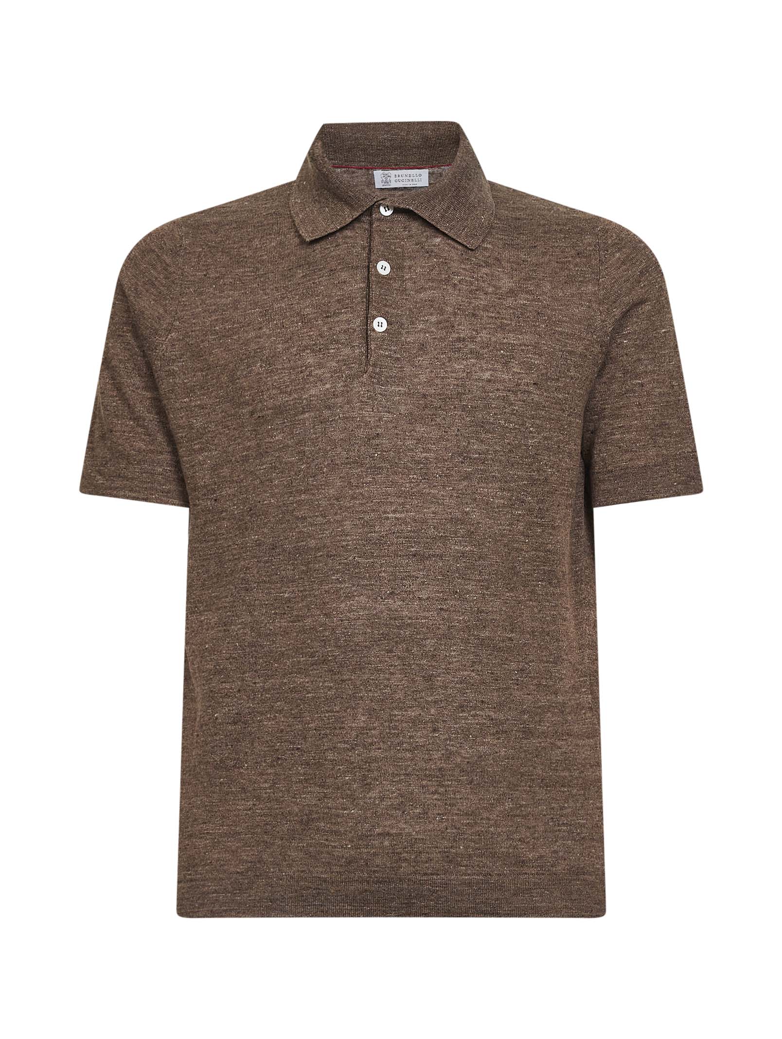 Brunello Cucinelli Men Hazelnut Linen And Cotton Knit Polo Shirt BRUNELLO CUCINELLI