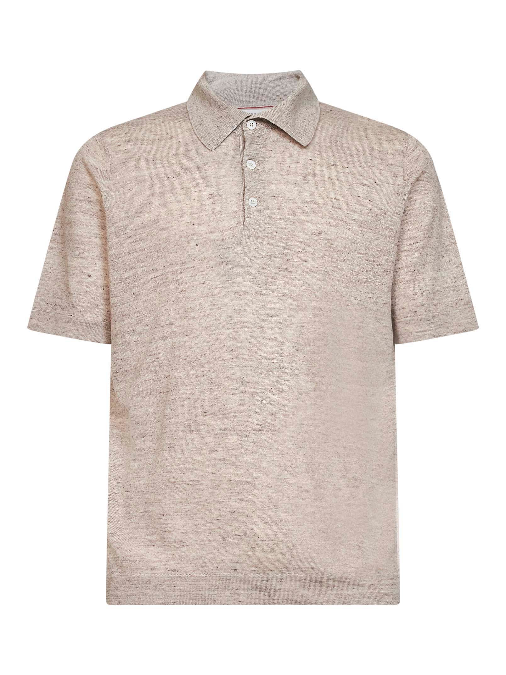 Brunello Cucinelli Men Sand Linen And Cotton Knit Polo Shirt BRUNELLO CUCINELLI