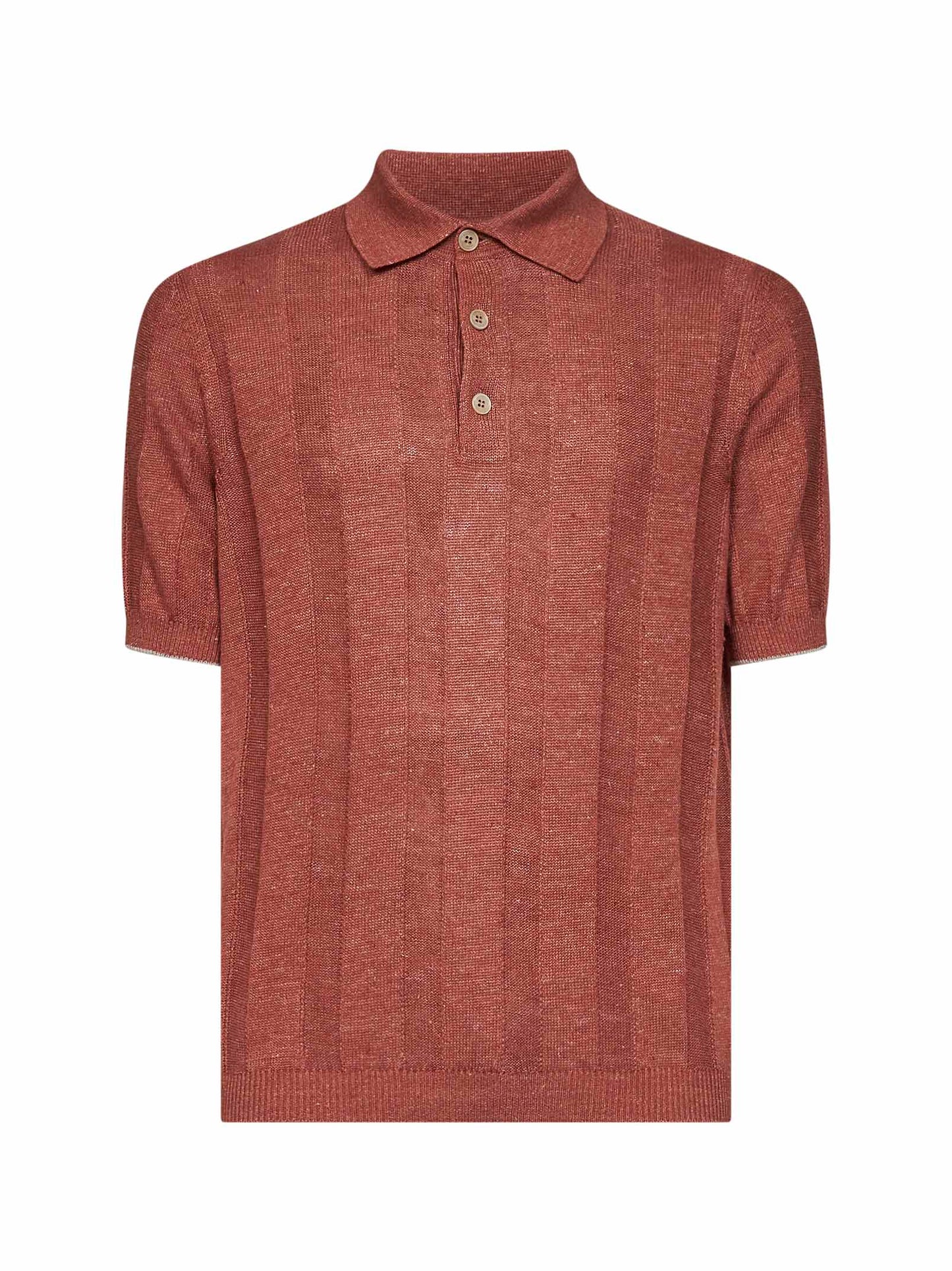 Brunello Cucinelli Men Terracotta Wide Ribbed Linen And Cotton Knit Polo Shirt BRUNELLO CUCINELLI