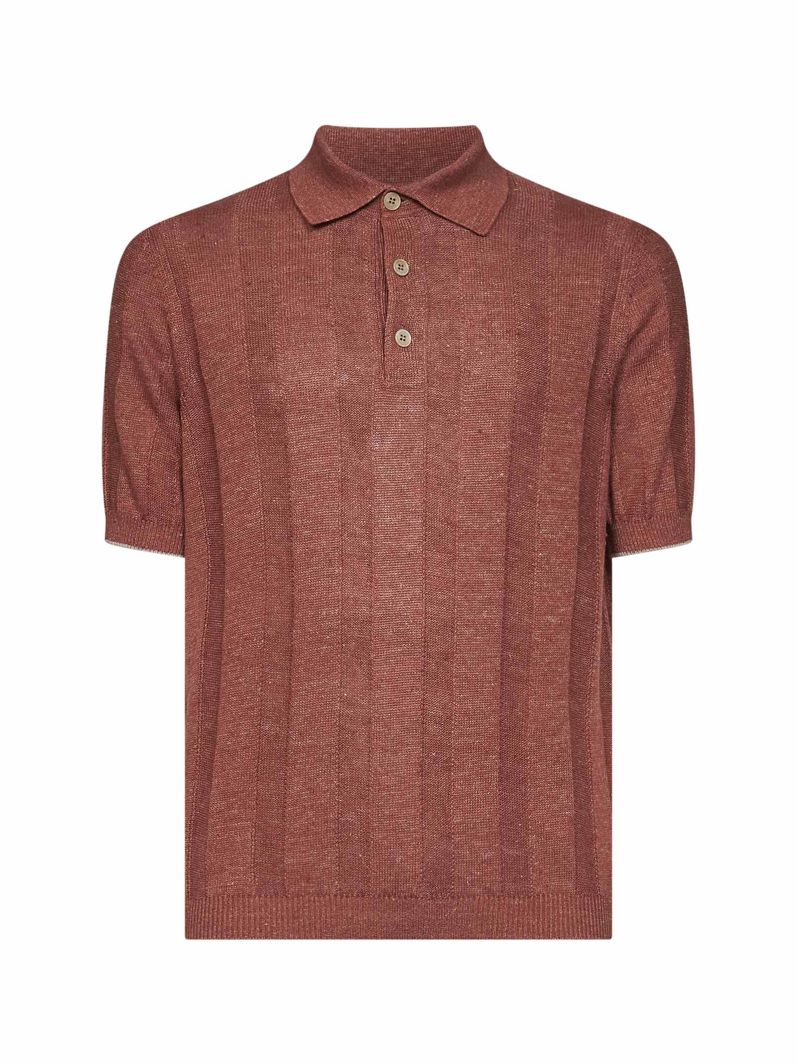 Brunello Cucinelli Men Terracotta Wide Ribbed Linen And Cotton Knit Polo Shirt BRUNELLO CUCINELLI