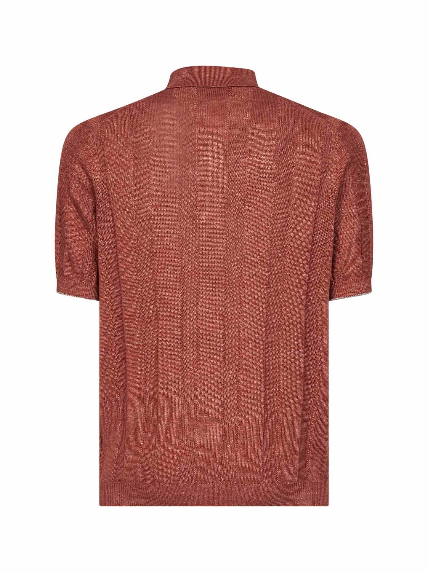 Brunello Cucinelli Men Terracotta Wide Ribbed Linen And Cotton Knit Polo Shirt BRUNELLO CUCINELLI