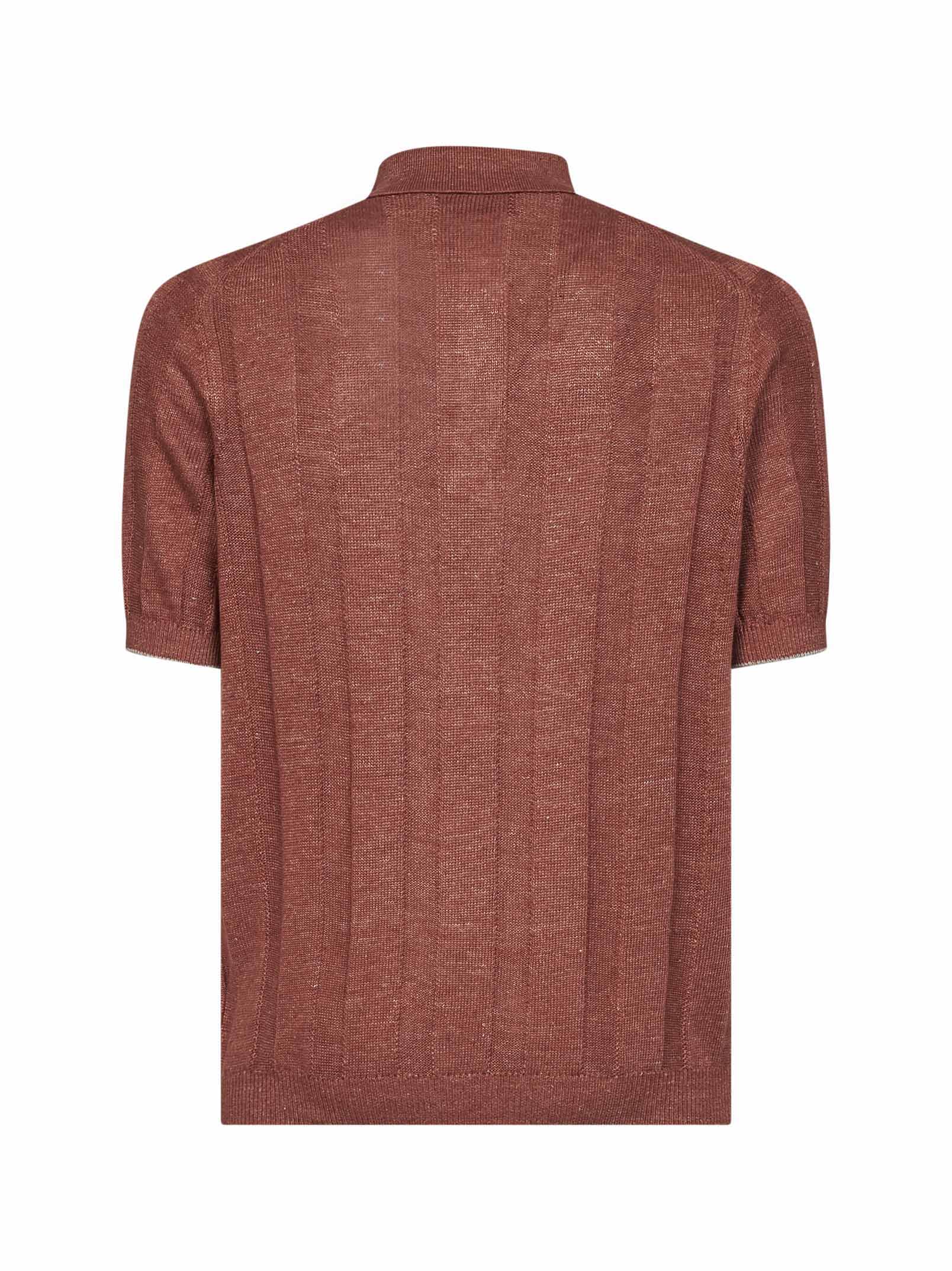 Brunello Cucinelli Men Terracotta Wide Ribbed Linen And Cotton Knit Polo Shirt BRUNELLO CUCINELLI