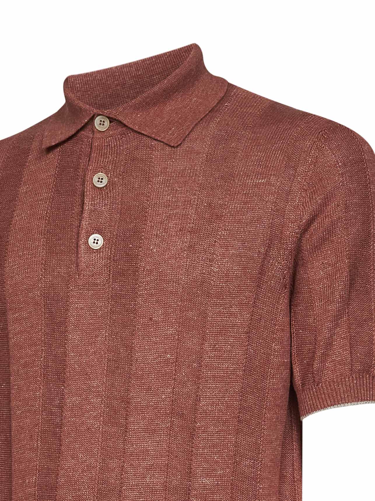 Brunello Cucinelli Men Terracotta Wide Ribbed Linen And Cotton Knit Polo Shirt BRUNELLO CUCINELLI