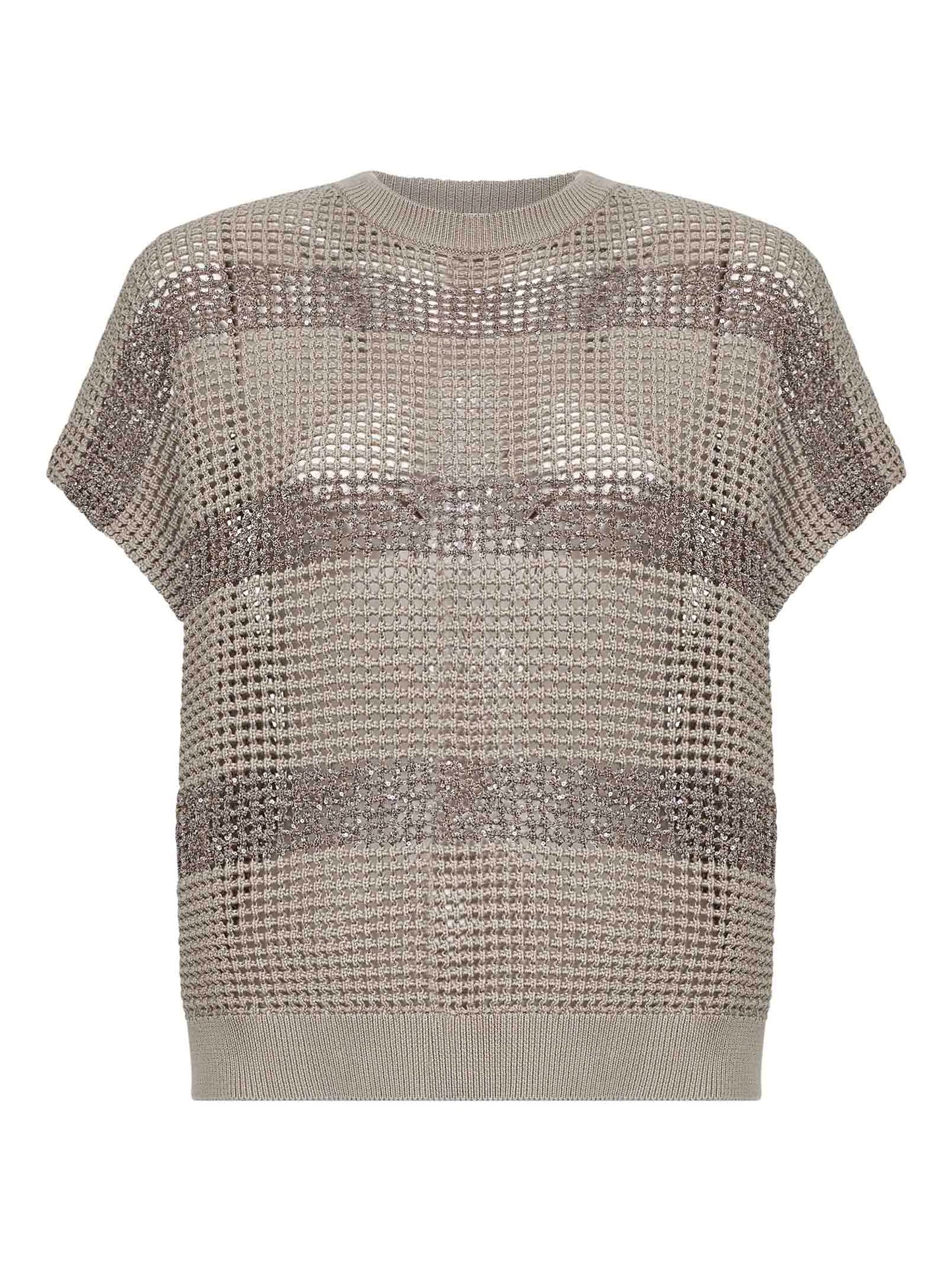 Brunello Cucinelli Women Sand Cotton Net Knit Sweater With Dazzling Stripes BRUNELLO CUCINELLI