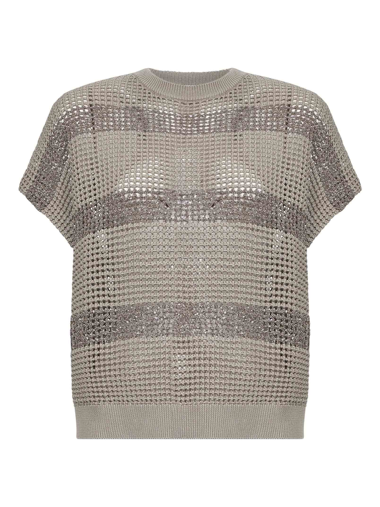 Brunello Cucinelli Women Sand Cotton Net Knit Sweater With Dazzling Stripes BRUNELLO CUCINELLI