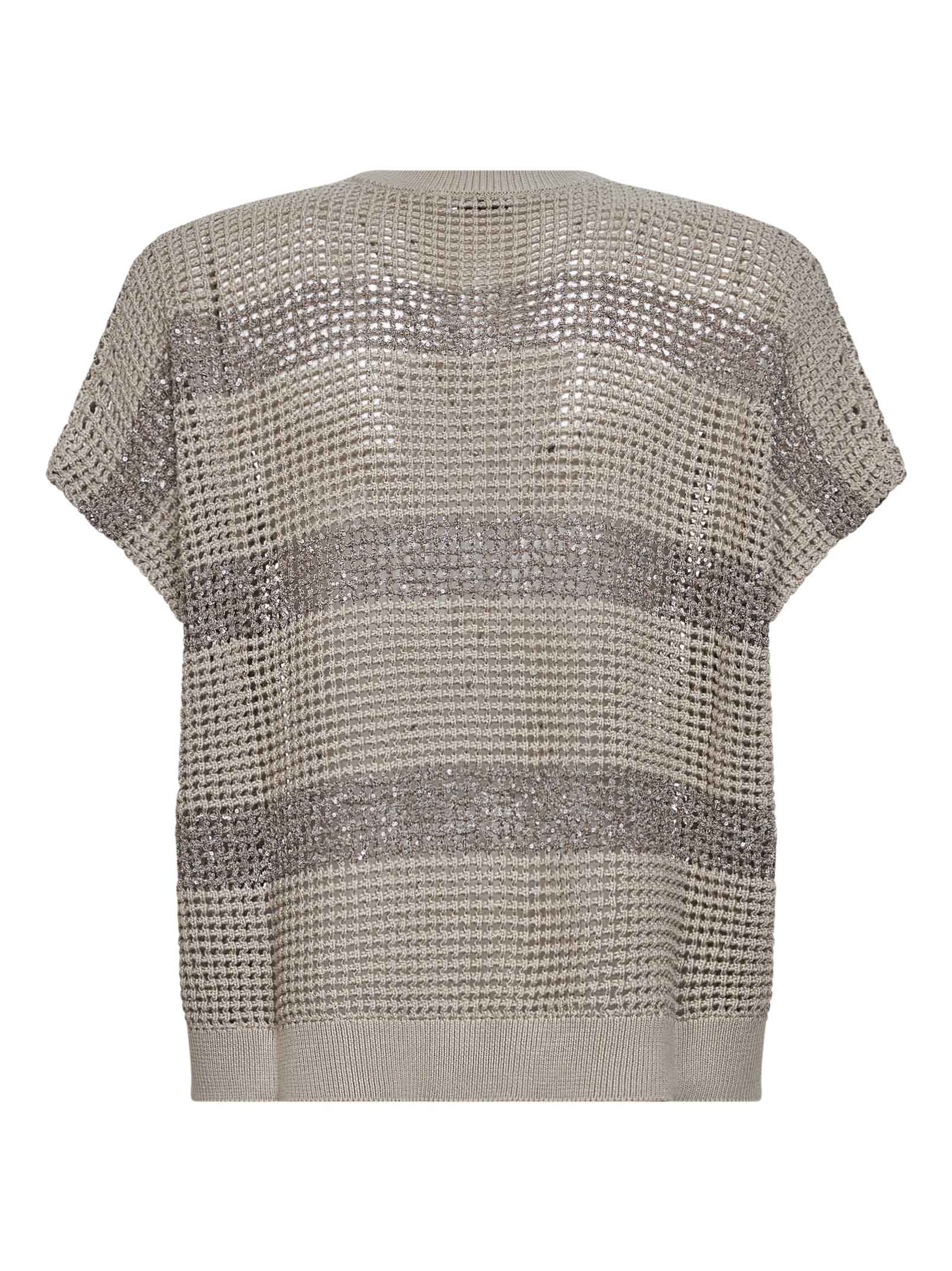 Brunello Cucinelli Women Sand Cotton Net Knit Sweater With Dazzling Stripes BRUNELLO CUCINELLI