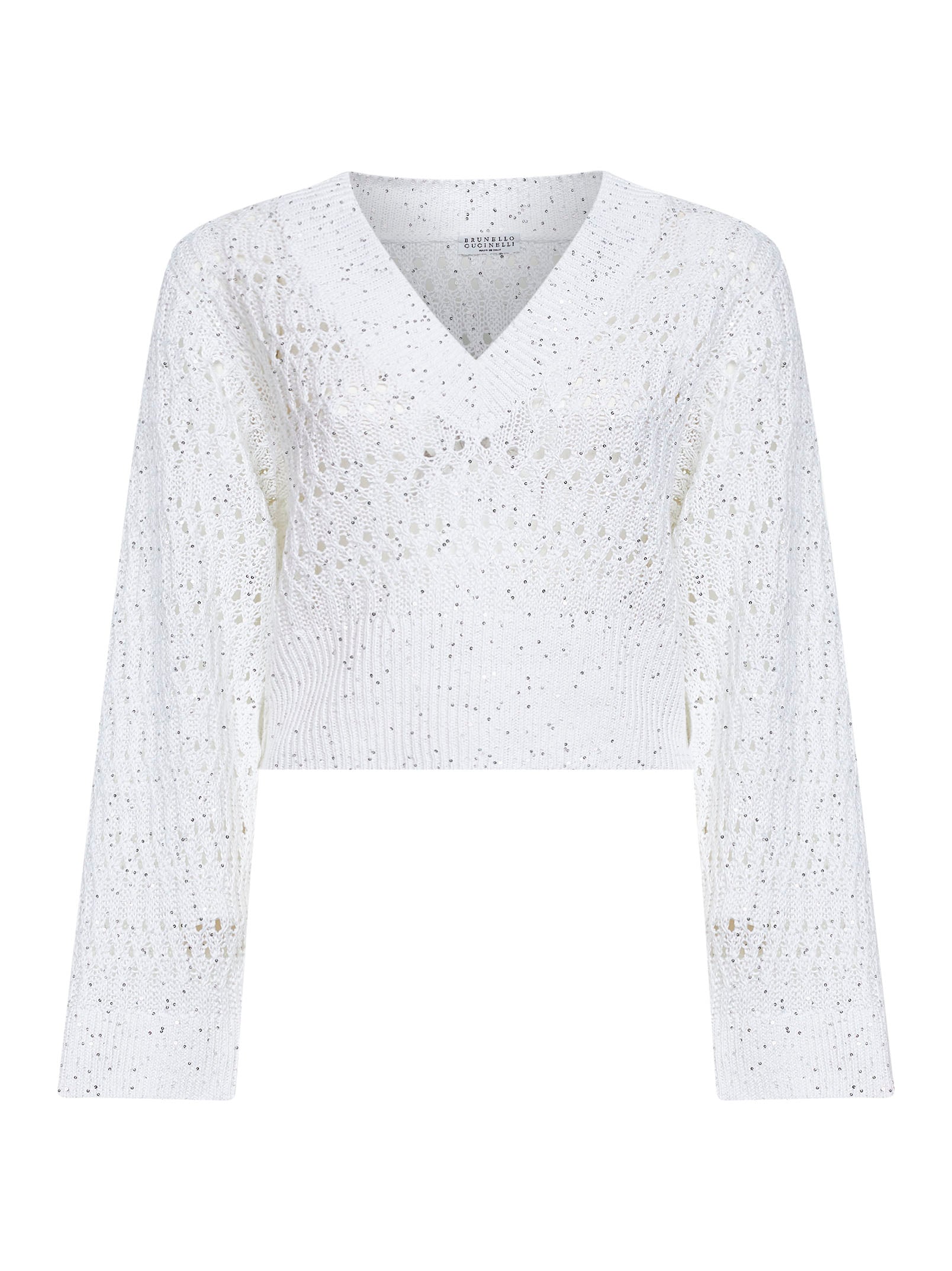 Brunello Cucinelli Women White Linen Dazzling Braids Sweater BRUNELLO CUCINELLI