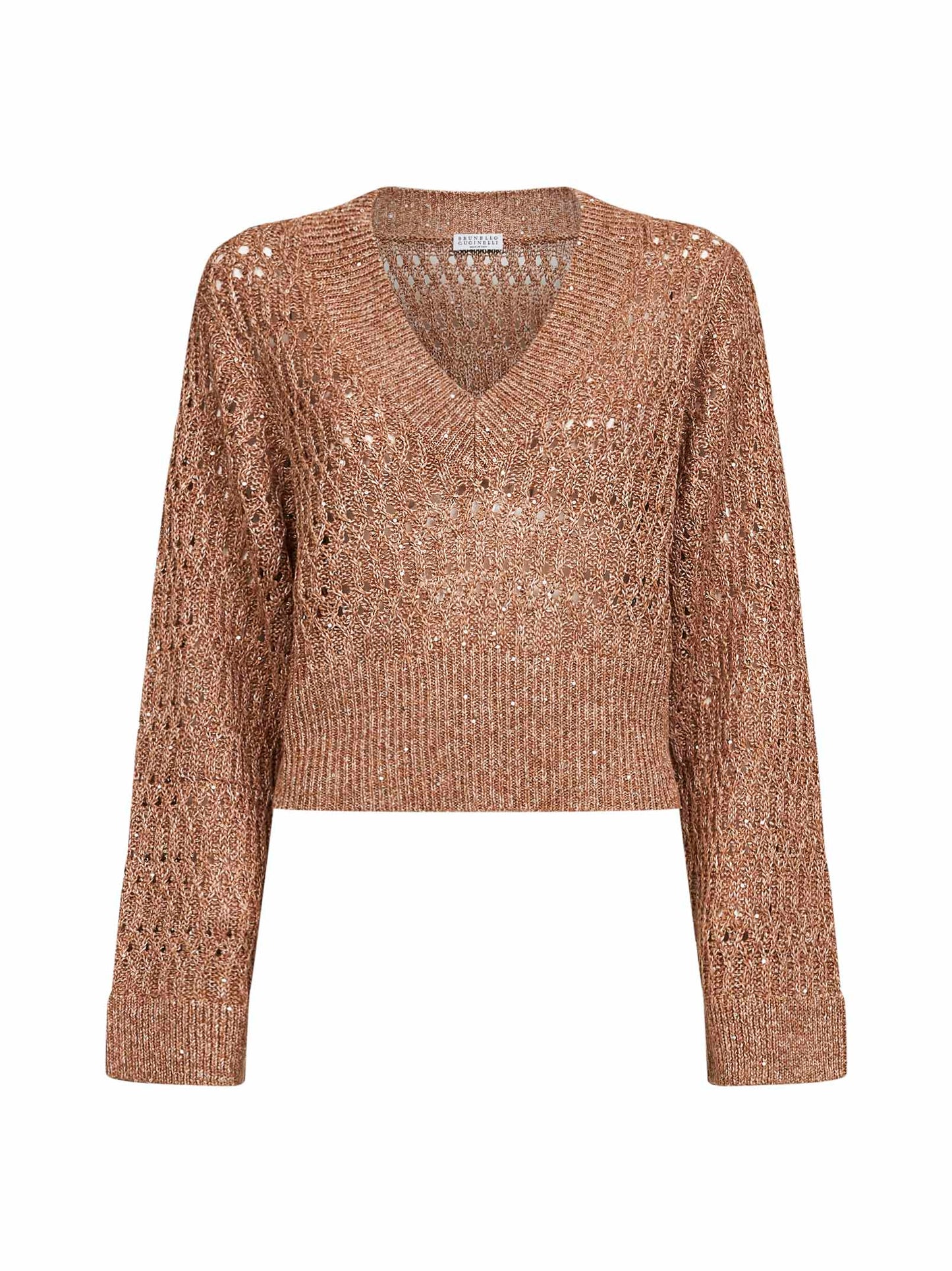 Brunello Cucinelli Women Brown Linen Dazzling Braids Sweater BRUNELLO CUCINELLI