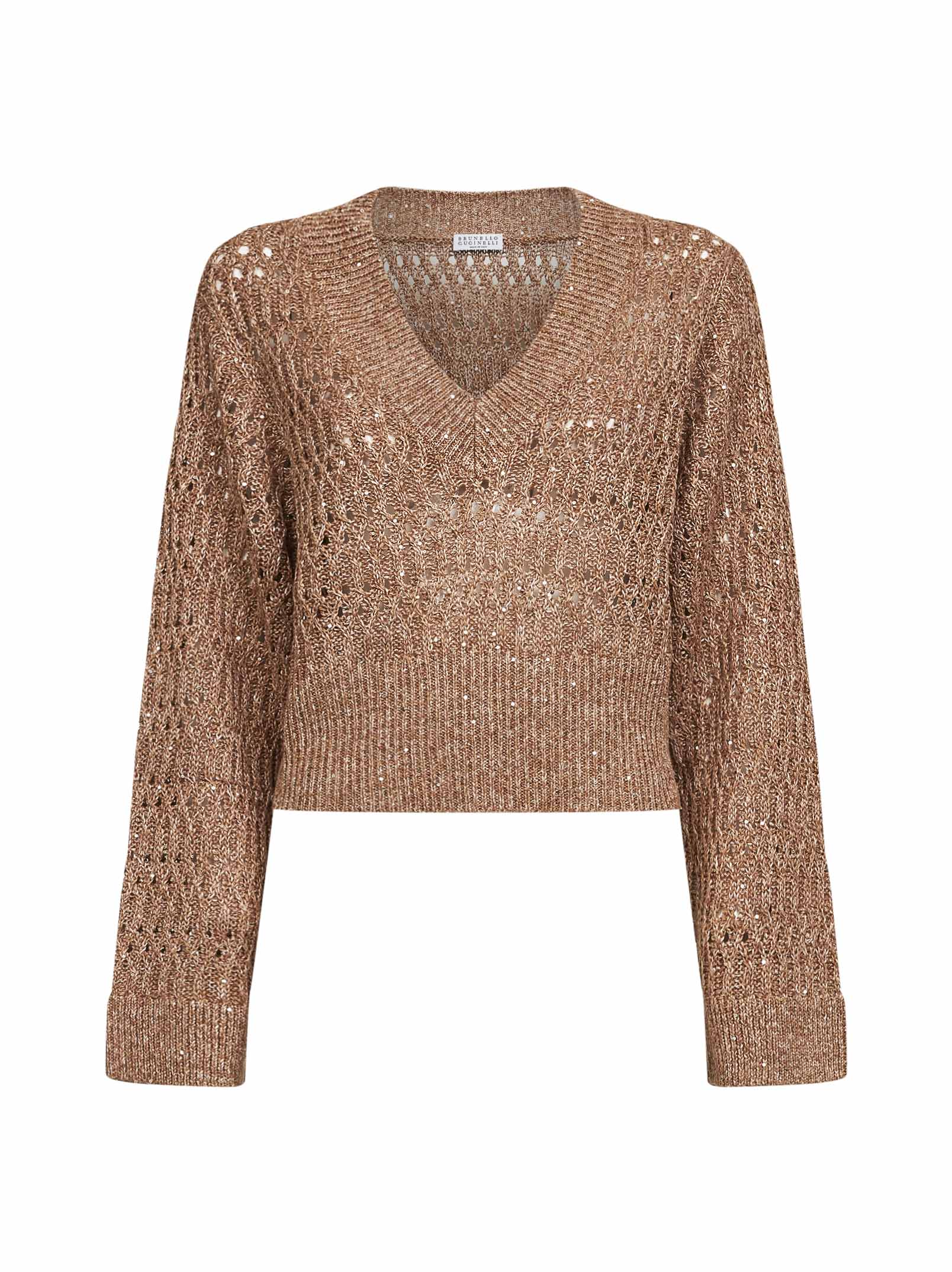 Brunello Cucinelli Women Brown Linen Dazzling Braids Sweater BRUNELLO CUCINELLI