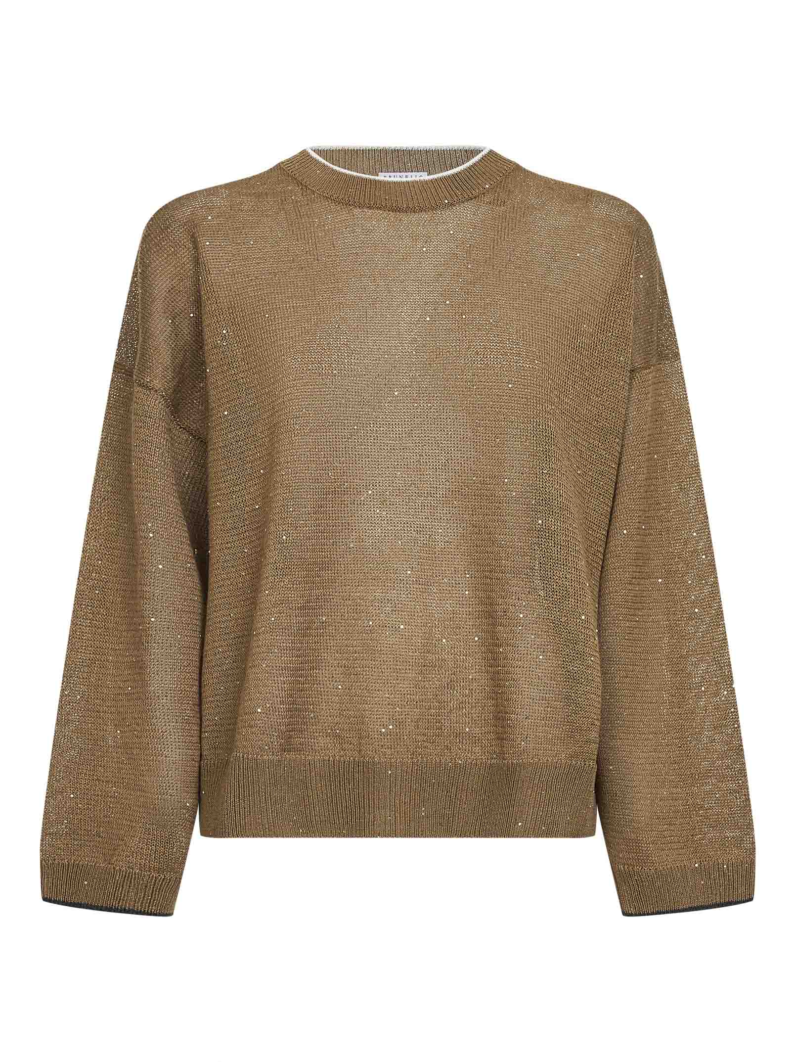 Brunello Cucinelli Women Brown Diamond Linen And Cotton Sweater BRUNELLO CUCINELLI
