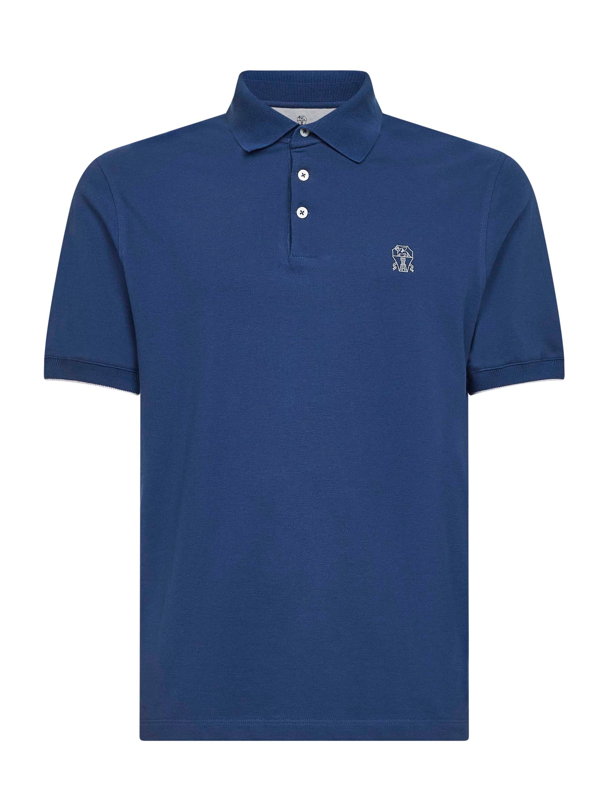 Brunello Cucinelli Men Avio Blue Cotton Pique Logo Polo Shirt BRUNELLO CUCINELLI