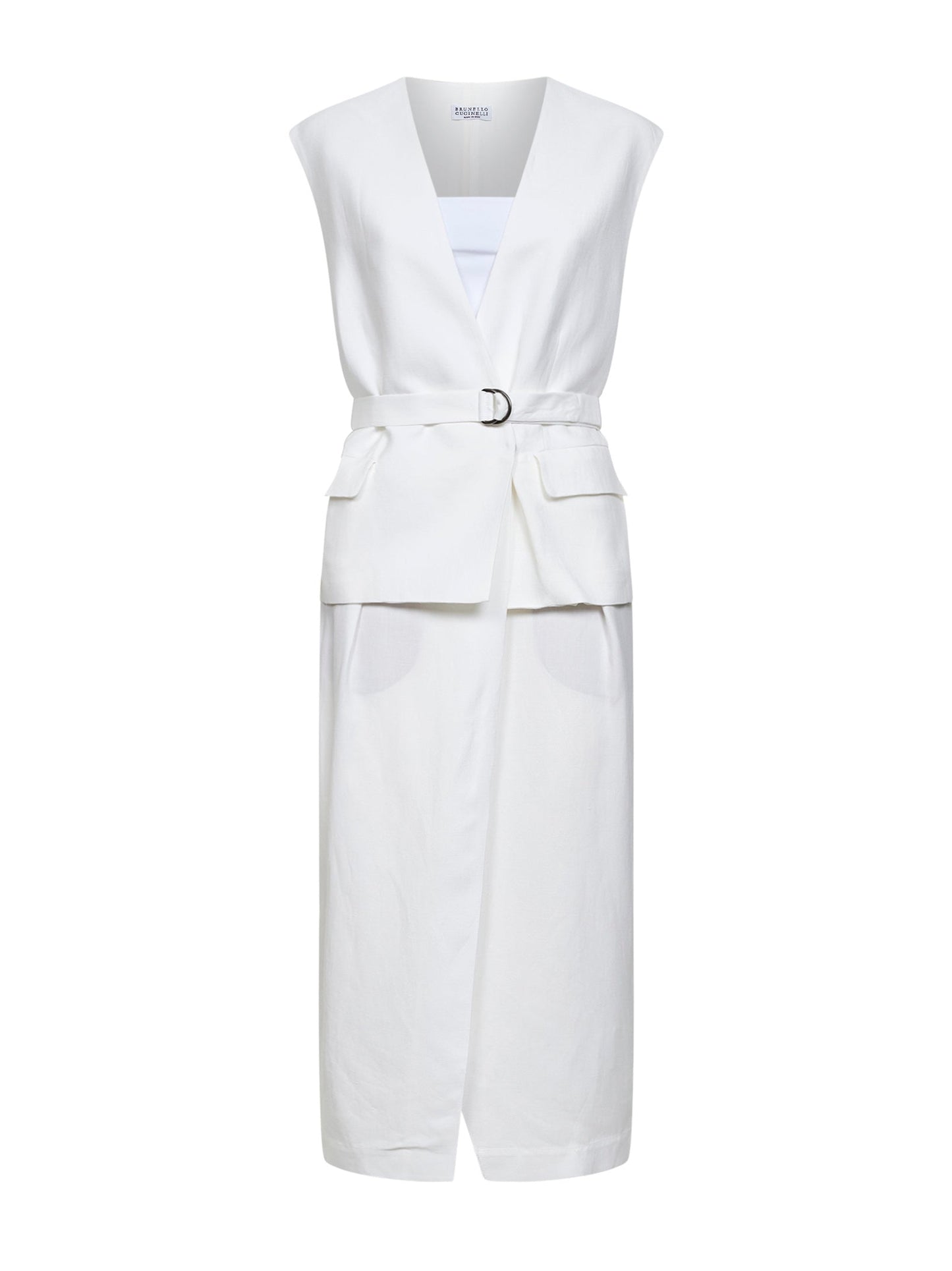 Brunello Cucinelli Women Ivory Viscose And Linen Fluid Twill Midi Dress BRUNELLO CUCINELLI