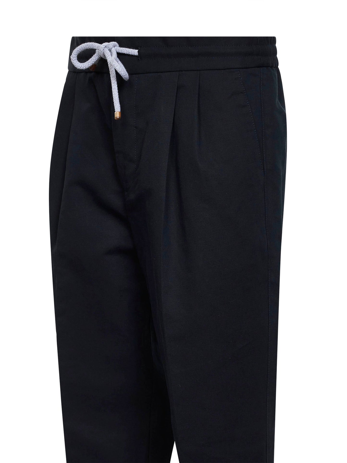 Brunello Cucinelli Men Navy Blue Linen And Cotton Drill Leisure Fit Trousers BRUNELLO CUCINELLI