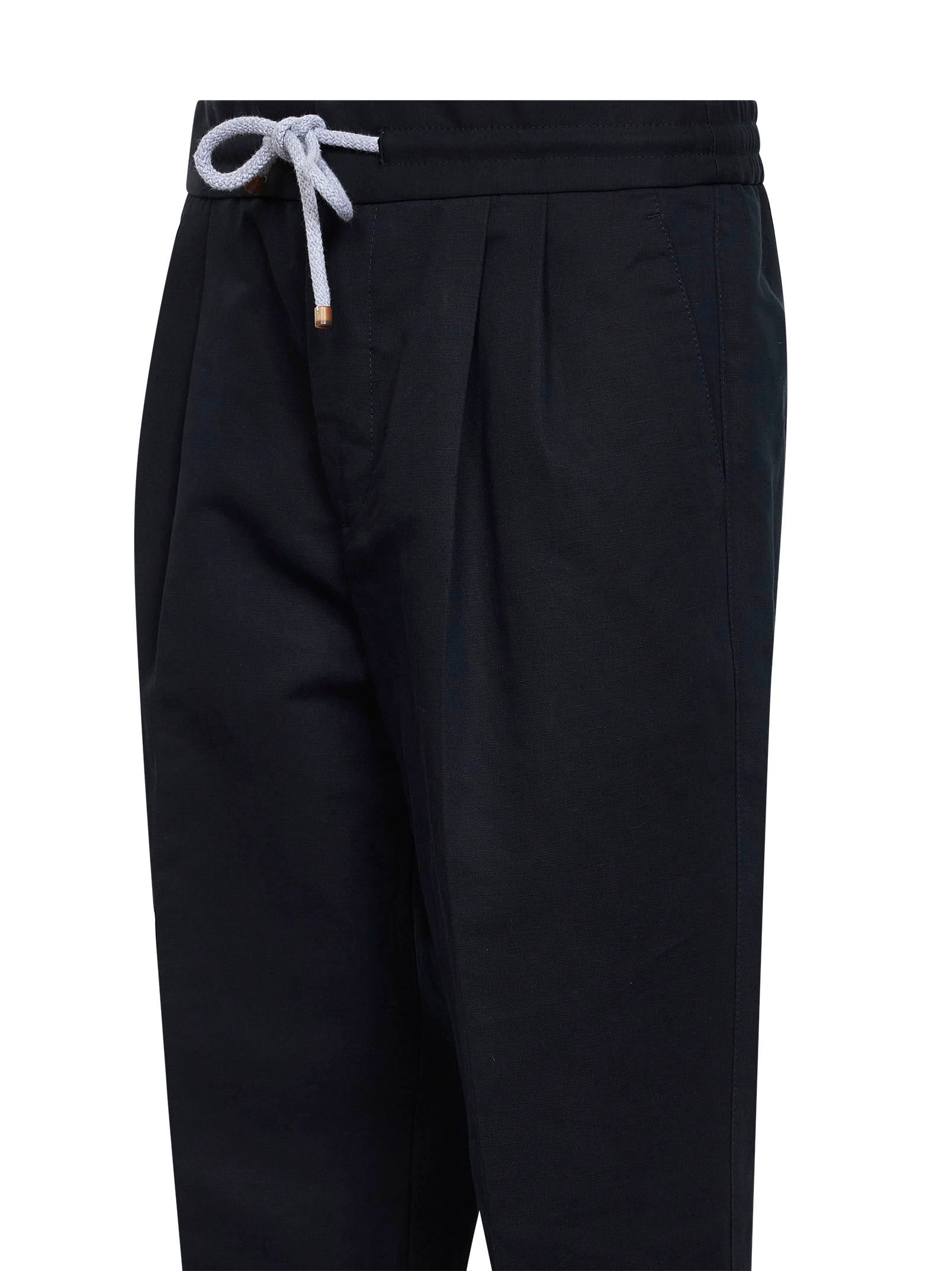 Brunello Cucinelli Men Navy Blue Linen And Cotton Drill Leisure Fit Trousers BRUNELLO CUCINELLI