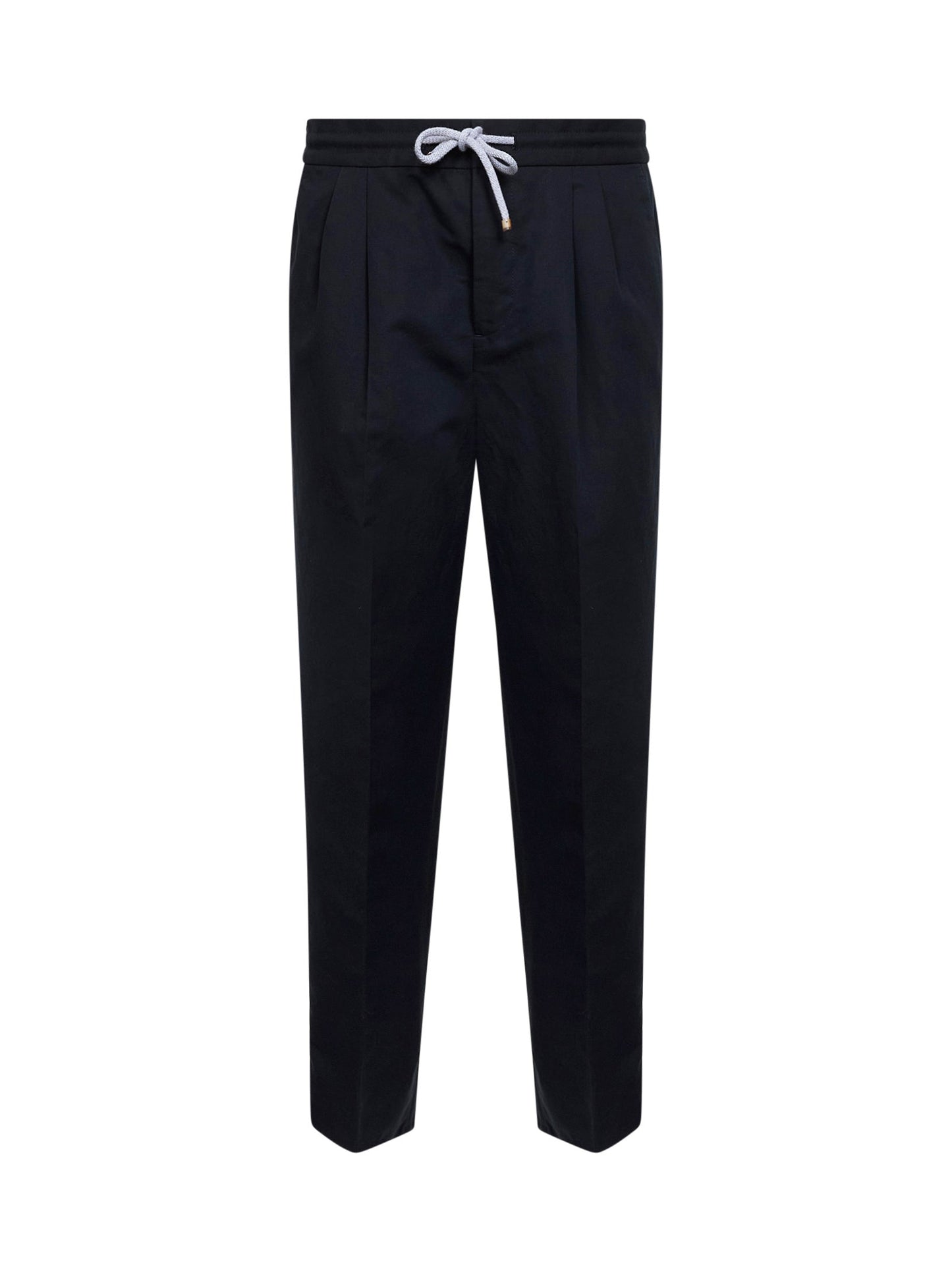 Brunello Cucinelli Men Navy Blue Linen And Cotton Drill Leisure Fit Trousers BRUNELLO CUCINELLI