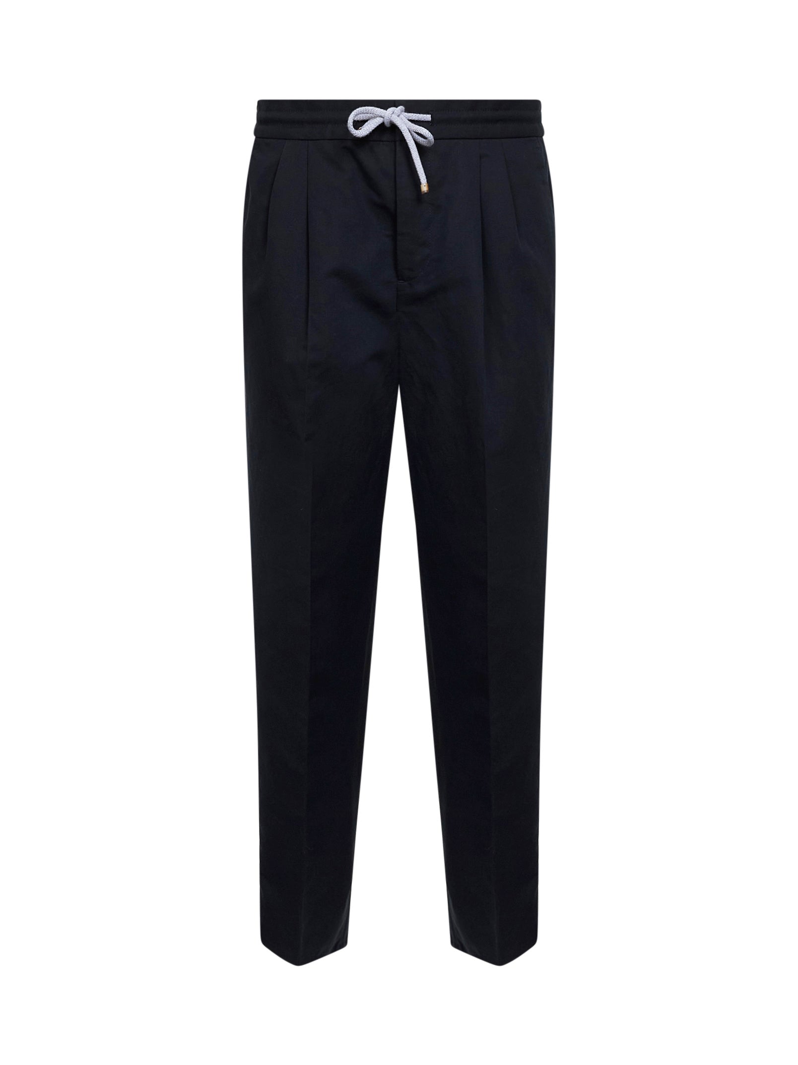Brunello Cucinelli Men Navy Blue Linen And Cotton Drill Leisure Fit Trousers BRUNELLO CUCINELLI