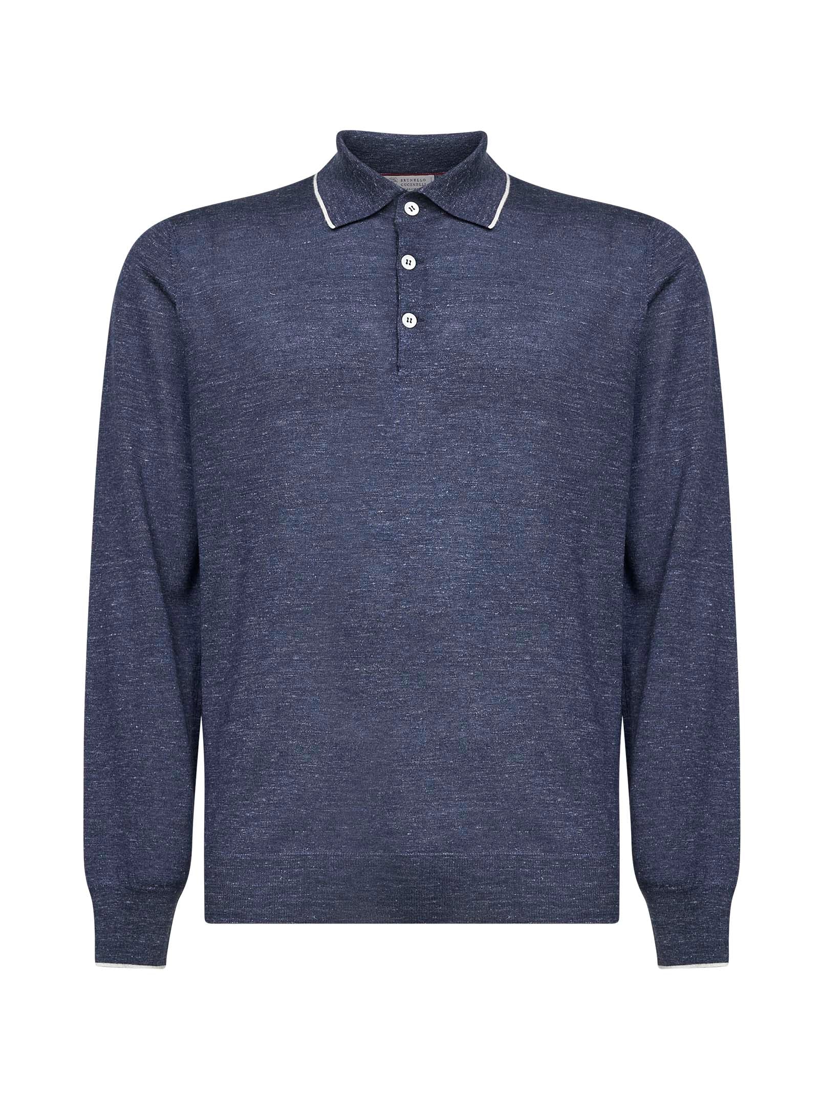 Brunello Cucinelli Men Avio Blue Cashmere And Silk And Hemp Knit Polo Shirt BRUNELLO CUCINELLI