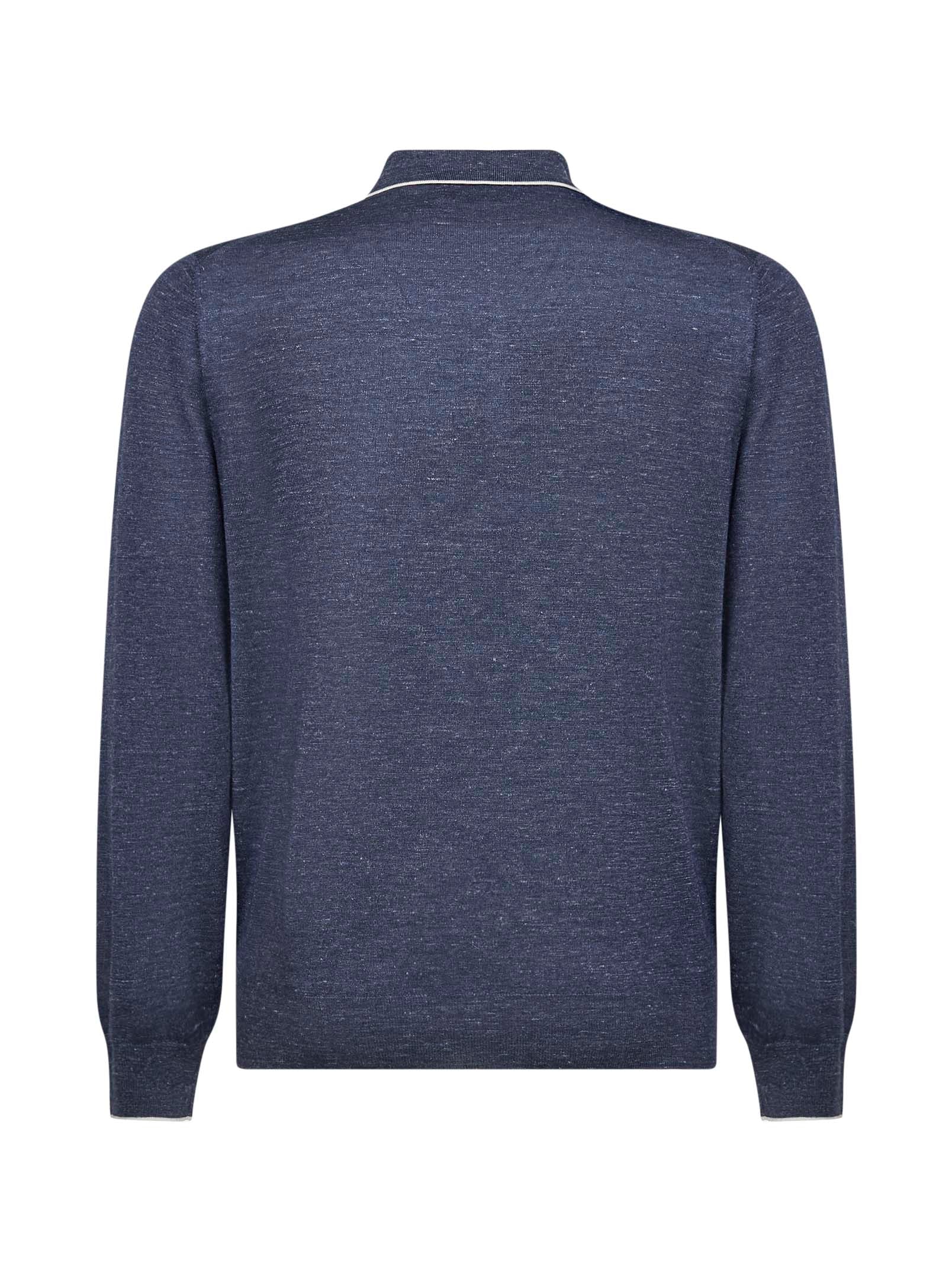 Brunello Cucinelli Men Avio Blue Cashmere And Silk And Hemp Knit Polo Shirt BRUNELLO CUCINELLI