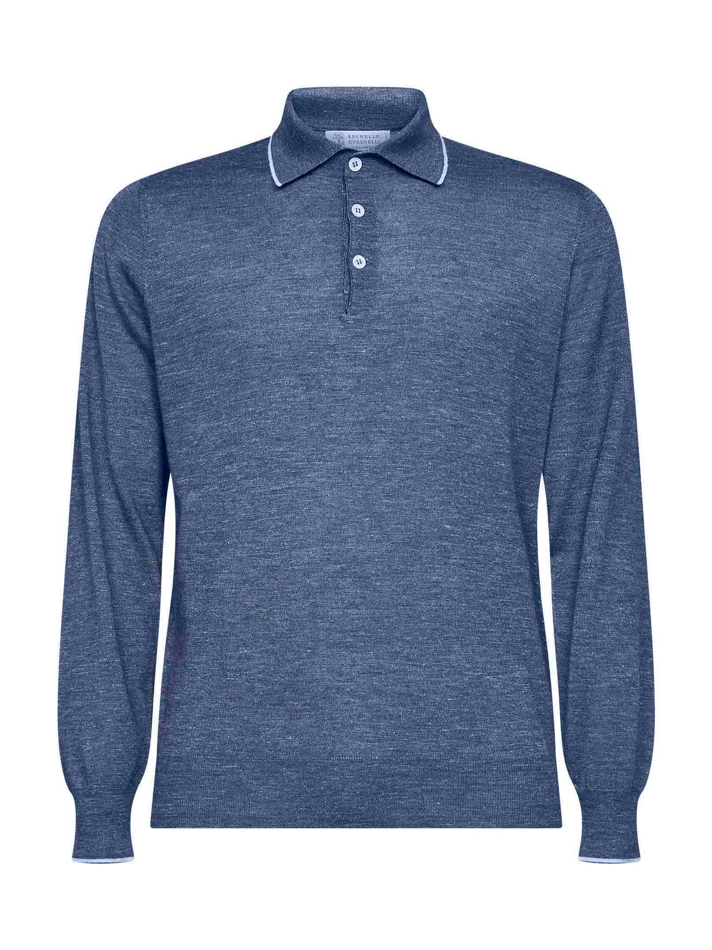 Brunello Cucinelli Men Blue Cashmere And Silk And Hemp Knit Polo Shirt BRUNELLO CUCINELLI