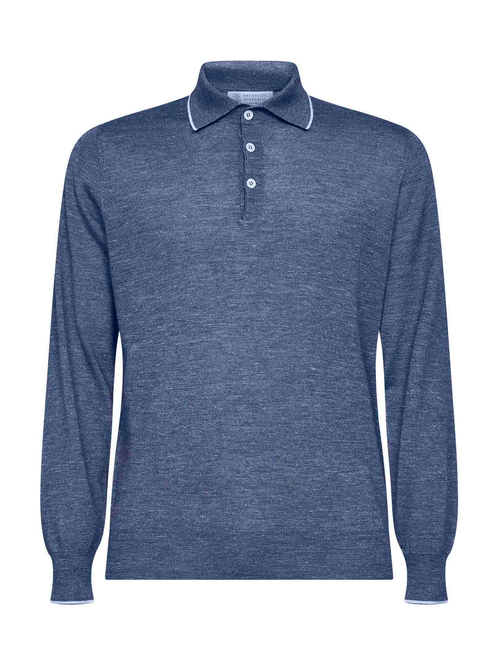Brunello Cucinelli Men Blue Cashmere And Silk And Hemp Knit Polo Shirt BRUNELLO CUCINELLI