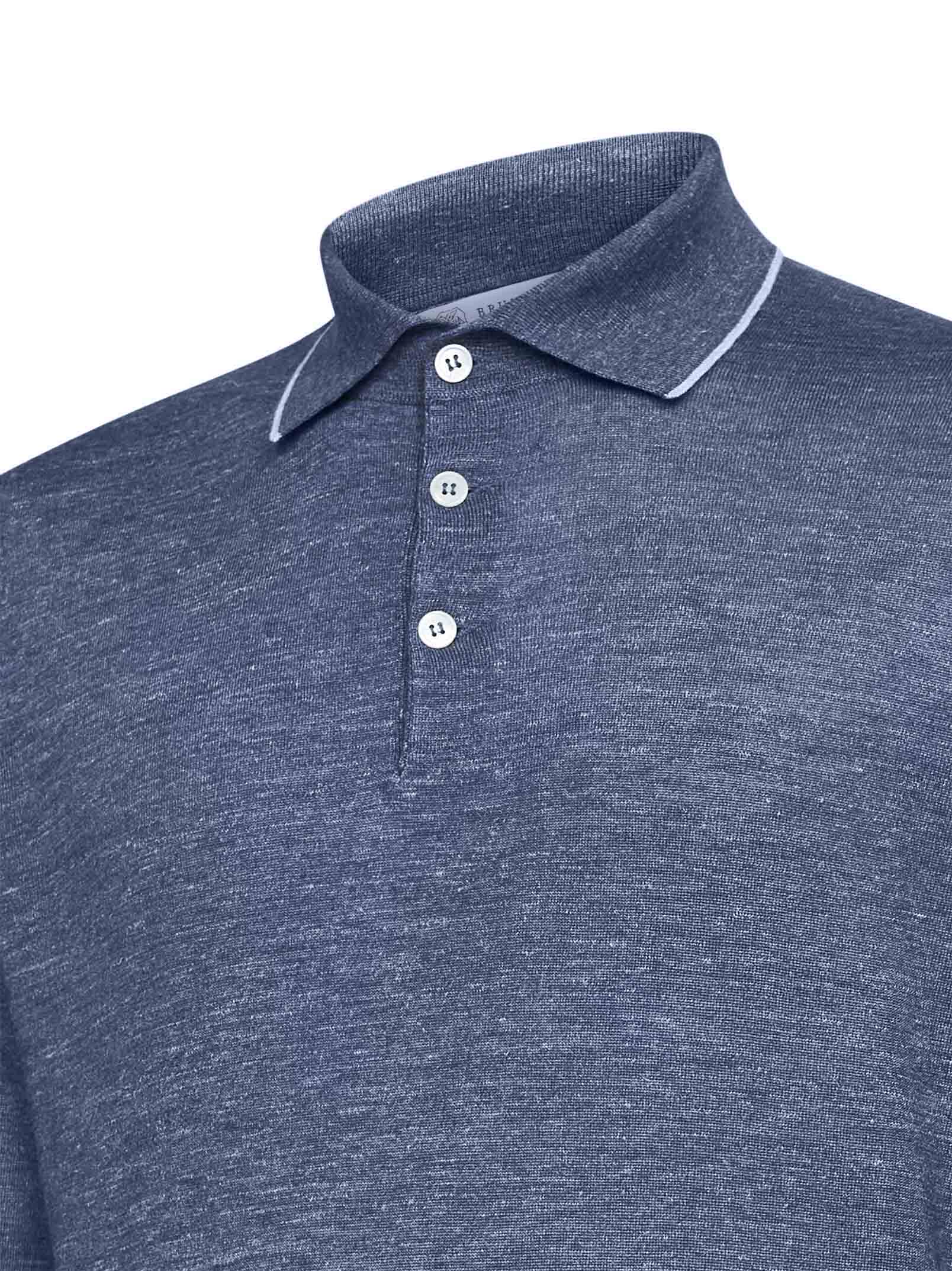 Brunello Cucinelli Men Blue Cashmere And Silk And Hemp Knit Polo Shirt BRUNELLO CUCINELLI