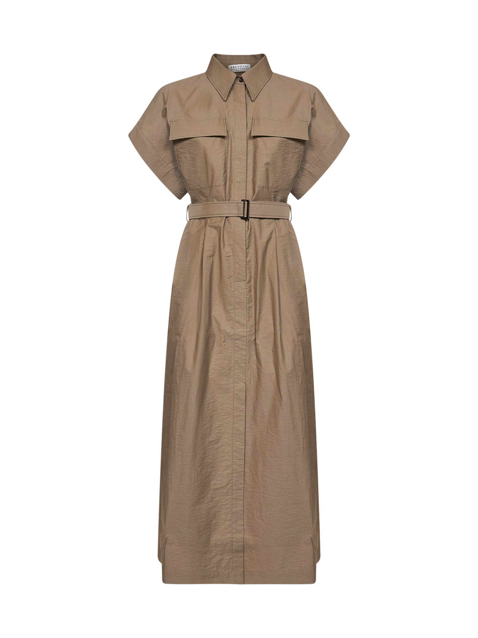 Brunello Cucinelli Women Earth Brown Texture Twill Belted Long Shirt Dress BRUNELLO CUCINELLI
