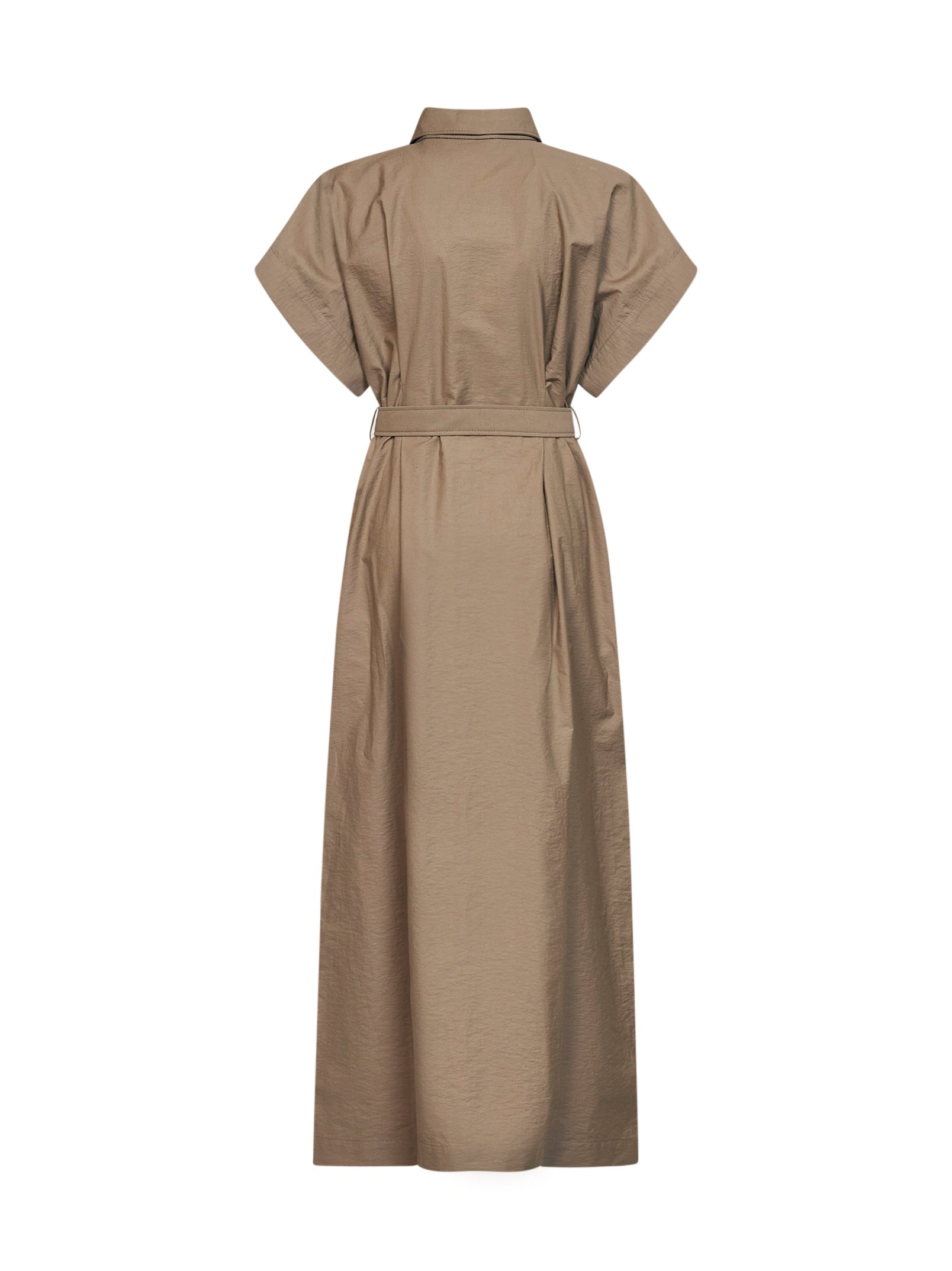 Brunello Cucinelli Women Earth Brown Texture Twill Belted Long Shirt Dress BRUNELLO CUCINELLI