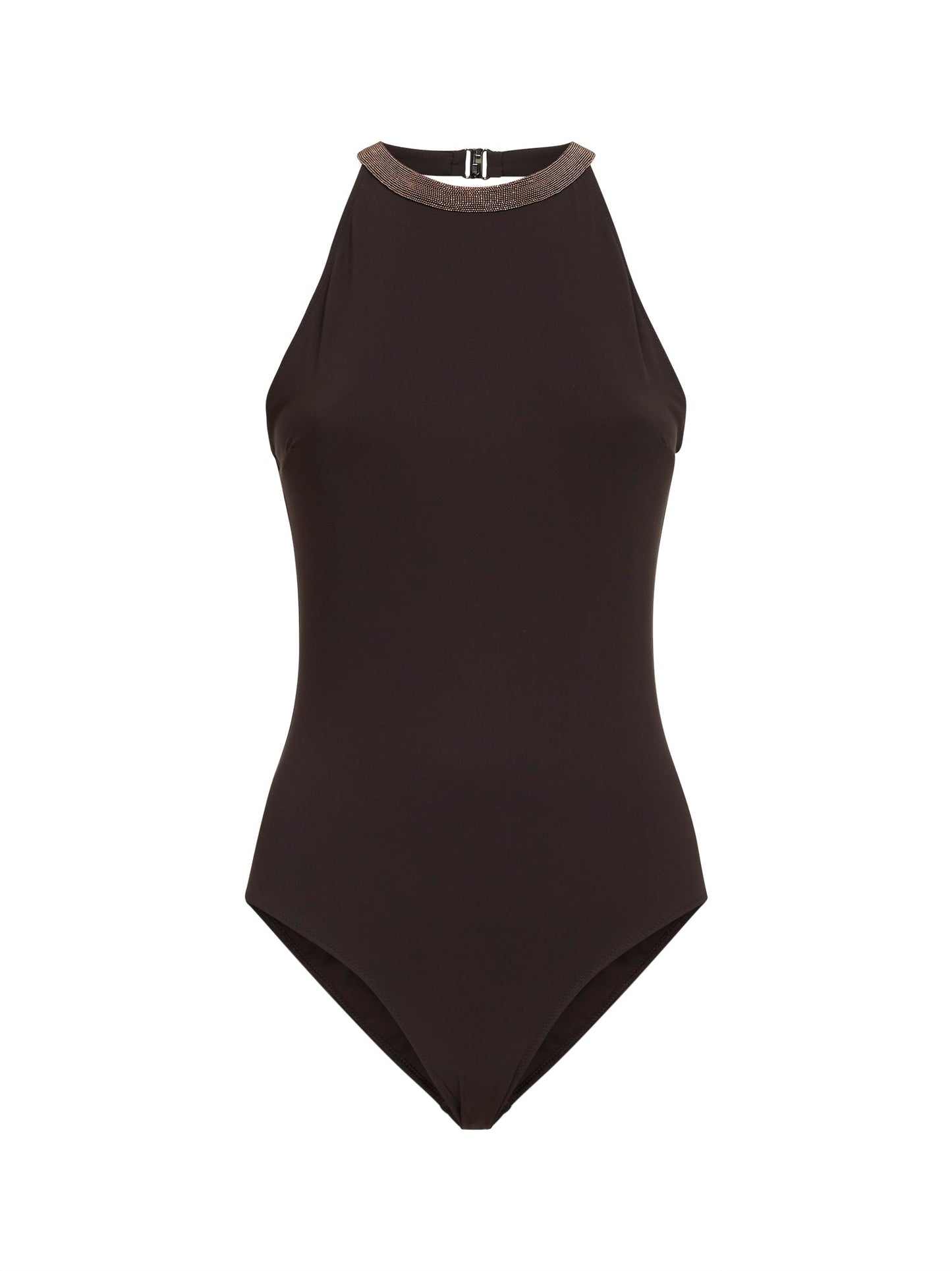 Brunello Cucinelli Women Lignite Grey Techno Jersey One-Piece Swimsuit With Precious Collar BRUNELLO CUCINELLI