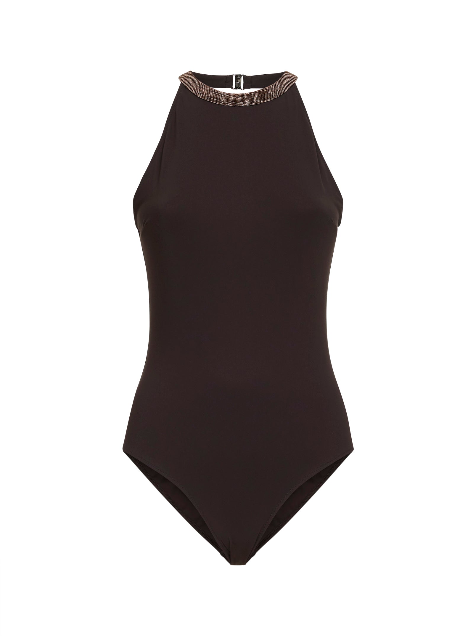 Brunello Cucinelli Women Lignite Grey Techno Jersey One-Piece Swimsuit With Precious Collar BRUNELLO CUCINELLI